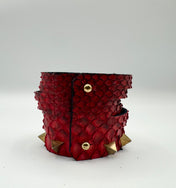 Red Snake-Textured Leather Cuff & Gold Spike Studs