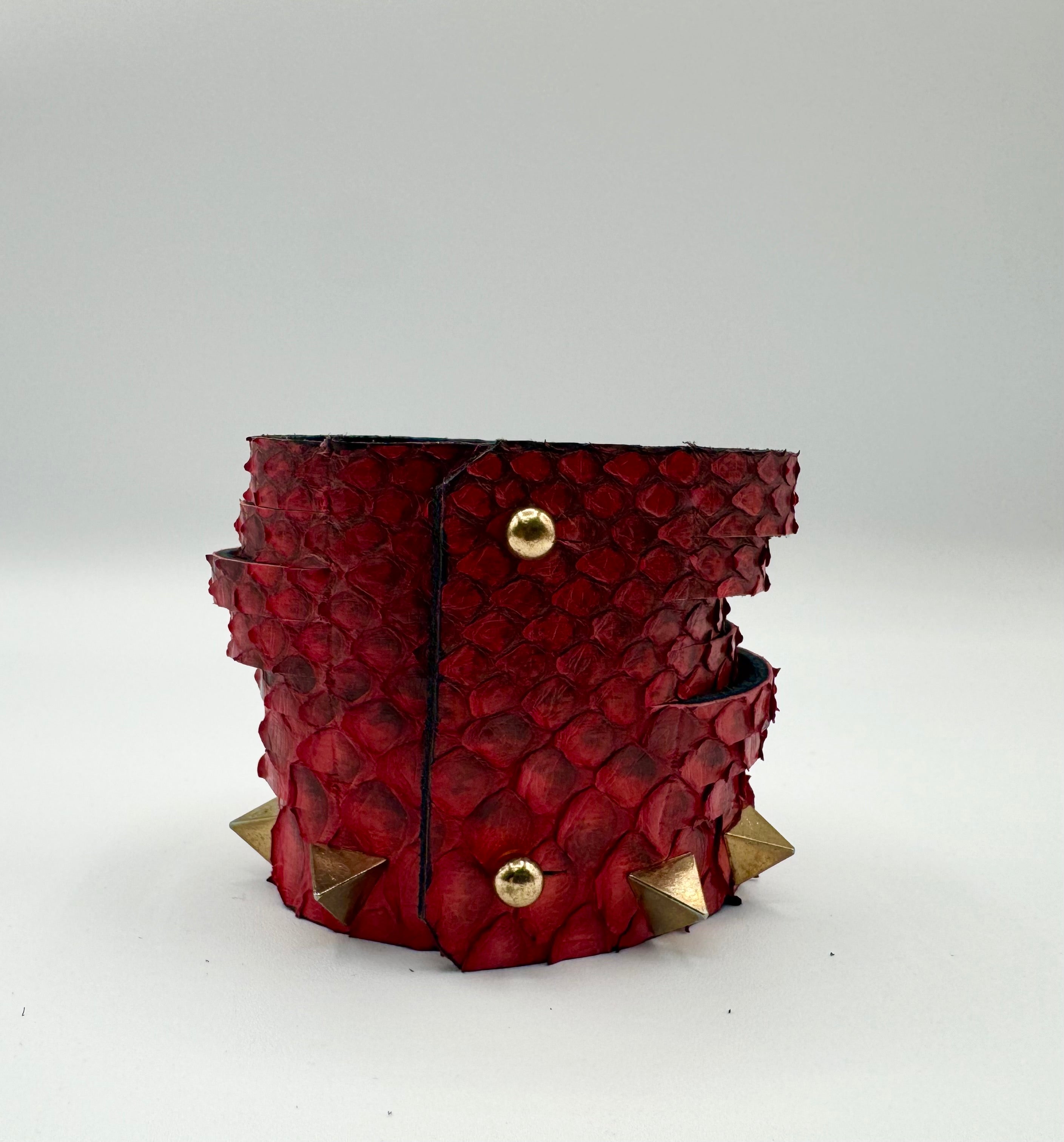 Red Snake-Textured Leather Cuff & Gold Spike Studs