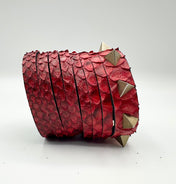 Red Snake-Textured Leather Cuff & Gold Spike Studs