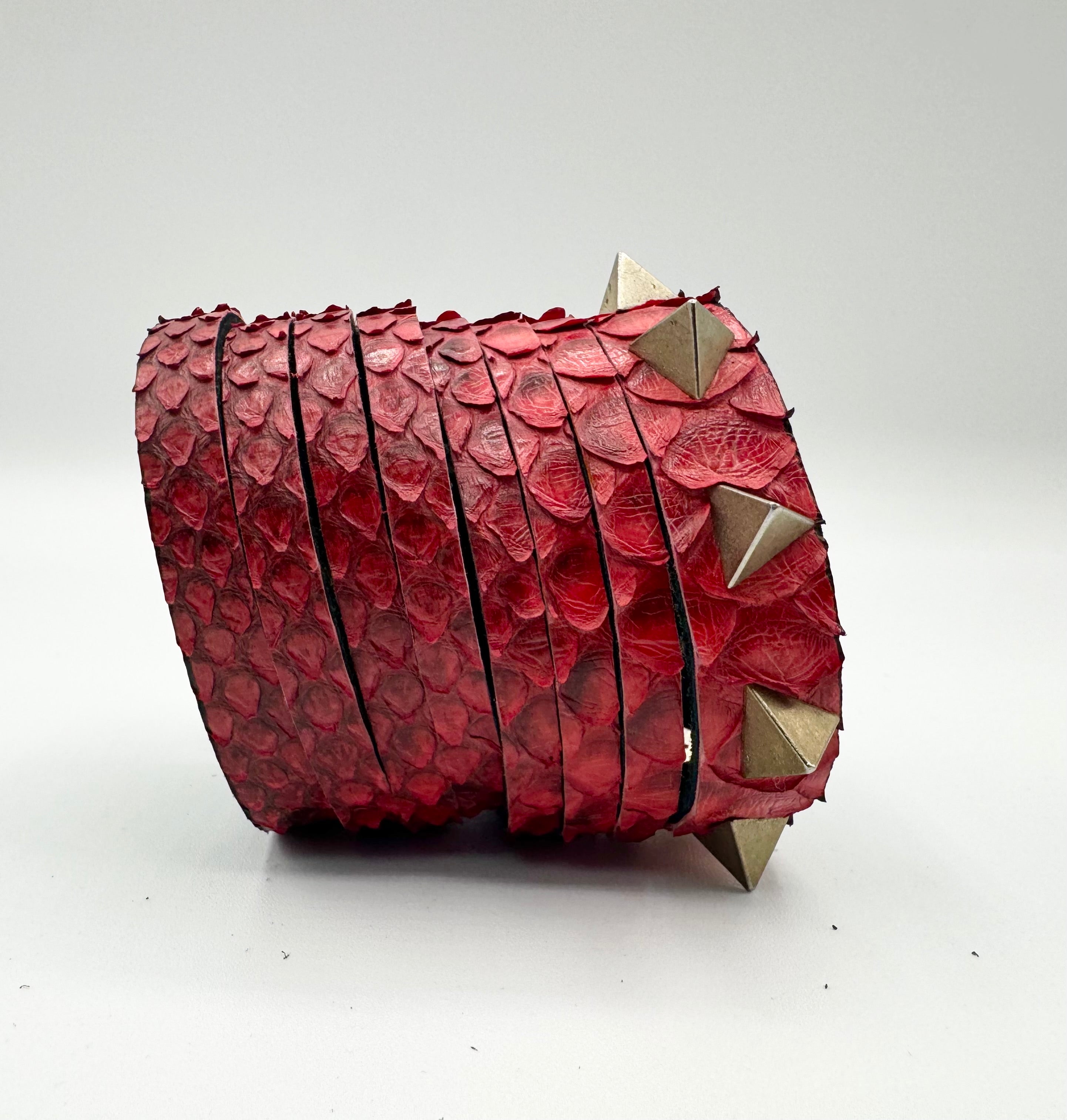 Red Snake-Textured Leather Cuff & Gold Spike Studs