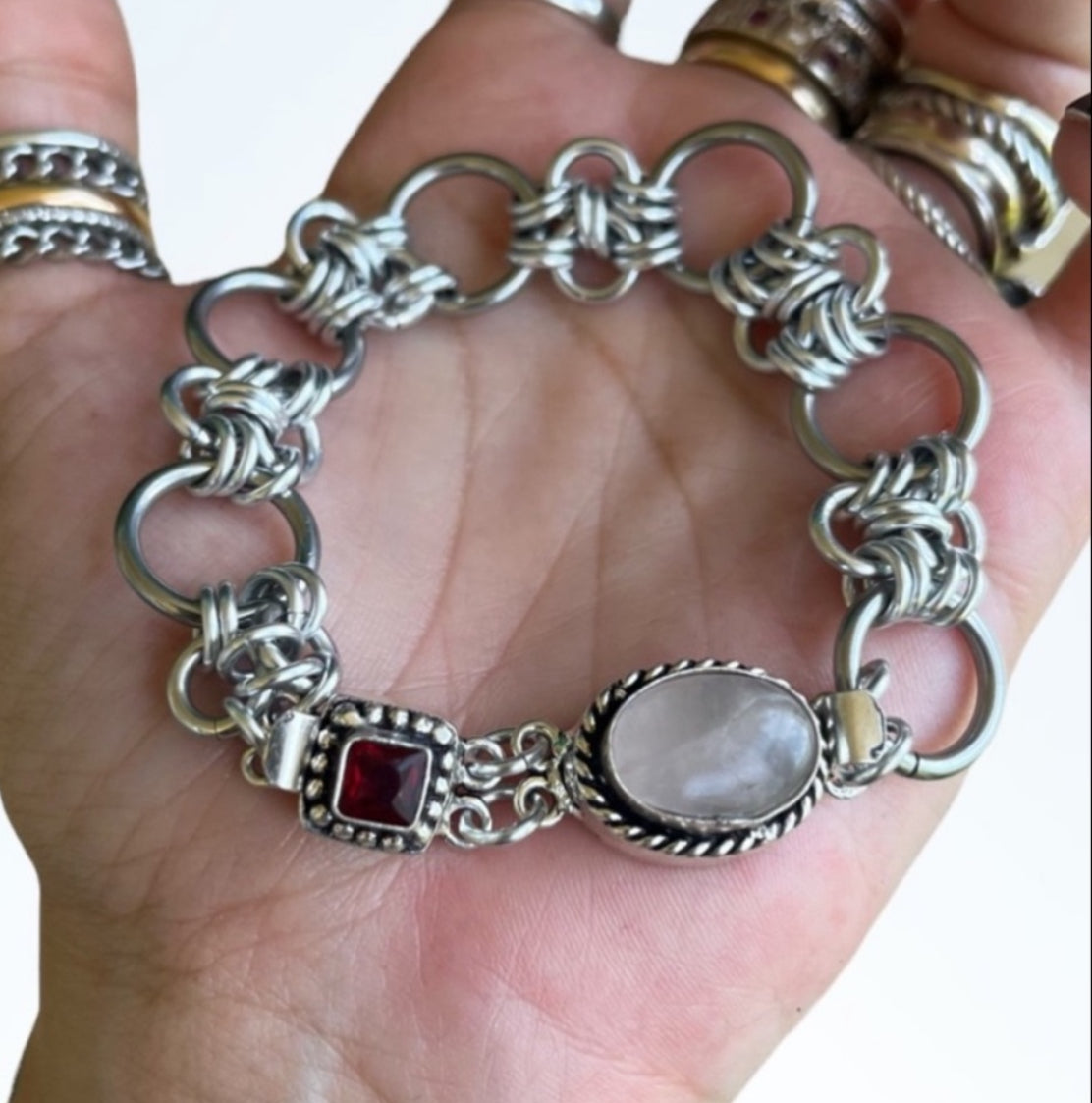 Moonstone Garnet Chainmail Double Clasp Bracelet