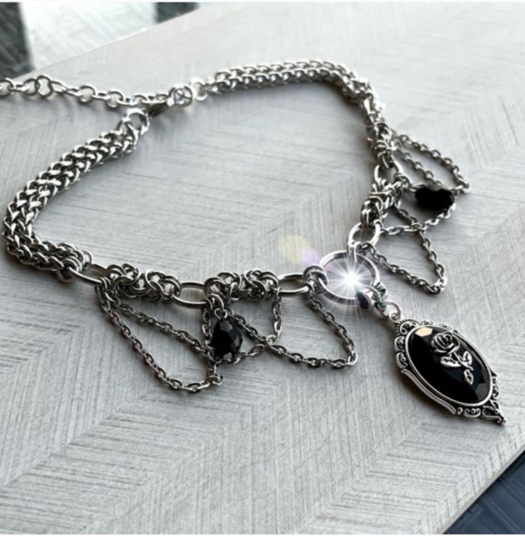 Black Austrian Glass Rose Cameo Hanging Chains Necklace