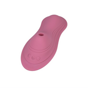Pink pleasure seat, dual sucking and vibrating sides, health-grade silicone, wireless remote, waterproof.