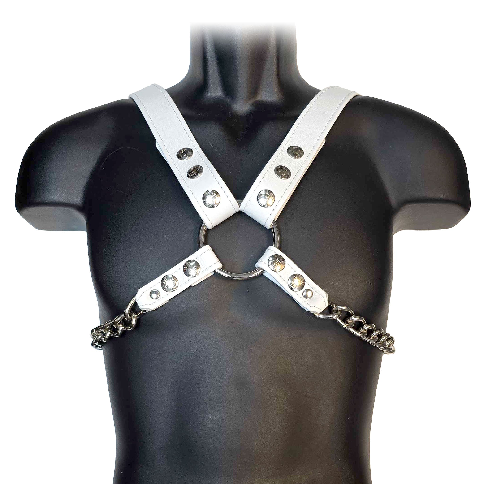 Leather genuine-leather top harness chest-harness chain snap-button press-stud adjustable fetish fashion alt-fashion bdsm costume cosplay male masculine masc mens menswear guys dudes gay white pride