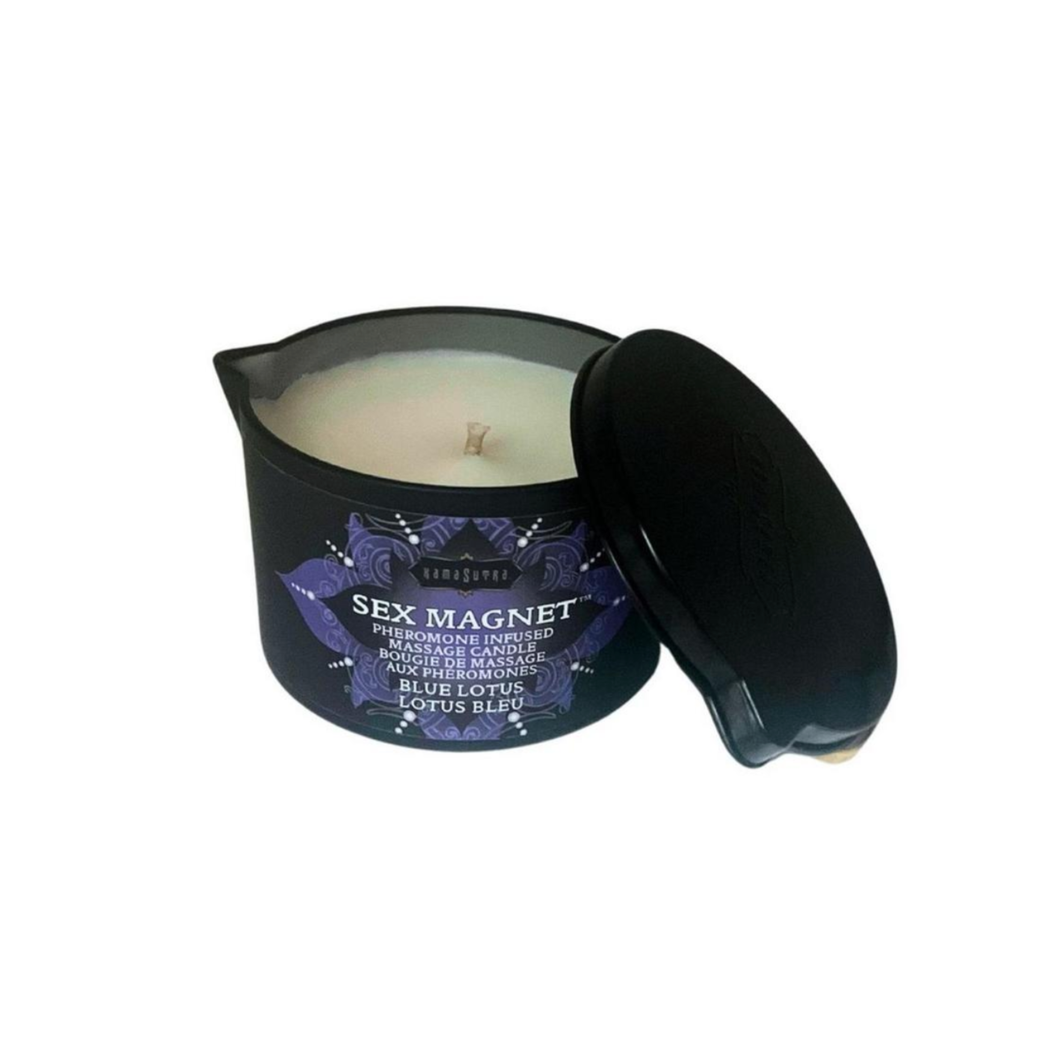 blue lotus massage candle, Kama Sutra pheromone candle, pour spout massage oil candle, unisex floral scented massage candle, organic massage candle with essential oils, Fetish Factory sensual candle