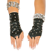 Fingerless Pointy Studded Leather Short Gloves with Zipper Black O/S