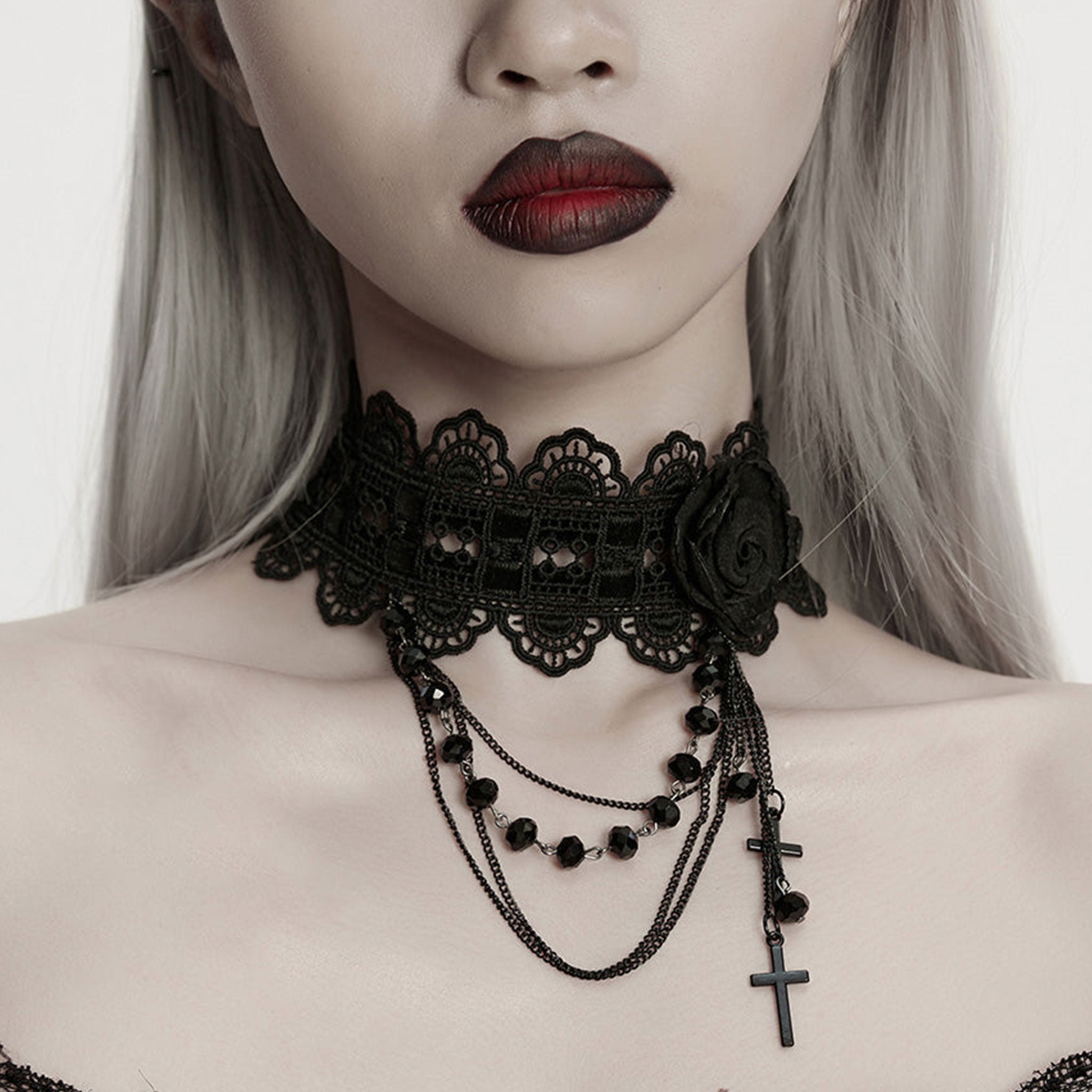 Polyester plastic lace accessories jewelry  necklace collar choker lace-choker adjustable lace-trim close-fitting adjustable neck neckline neck-line elastic rose rose-fascinator fascinator chain hanging-chains beads beaded faceted-beads cross cross-pendant ornate exquisite haunting beautiful stylish fantasy mystical mystery sophisticated comfortable delicate luxury luxurious soft fashion alt-fashion goth gothic victorian victorian-inspired costume cosplay halloween spooky black