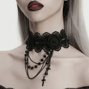 Polyester plastic lace accessories jewelry  necklace collar choker lace-choker adjustable lace-trim close-fitting adjustable neck neckline neck-line elastic rose rose-fascinator fascinator chain hanging-chains beads beaded faceted-beads cross cross-pendant ornate exquisite haunting beautiful stylish fantasy mystical mystery sophisticated comfortable delicate luxury luxurious soft fashion alt-fashion goth gothic victorian victorian-inspired costume cosplay halloween spooky black