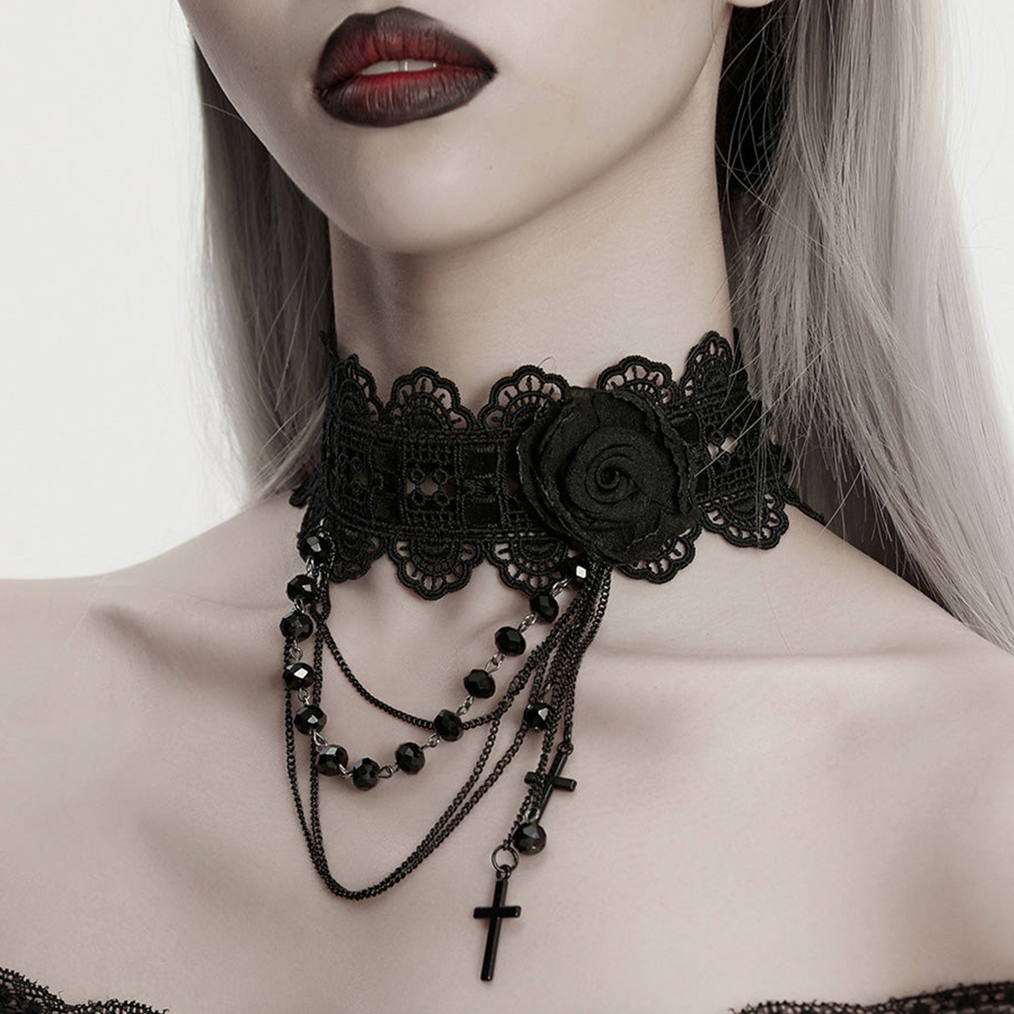Polyester plastic lace accessories jewelry  necklace collar choker lace-choker adjustable lace-trim close-fitting adjustable neck neckline neck-line elastic rose rose-fascinator fascinator chain hanging-chains beads beaded faceted-beads cross cross-pendant ornate exquisite haunting beautiful stylish fantasy mystical mystery sophisticated comfortable delicate luxury luxurious soft fashion alt-fashion goth gothic victorian victorian-inspired costume cosplay halloween spooky black