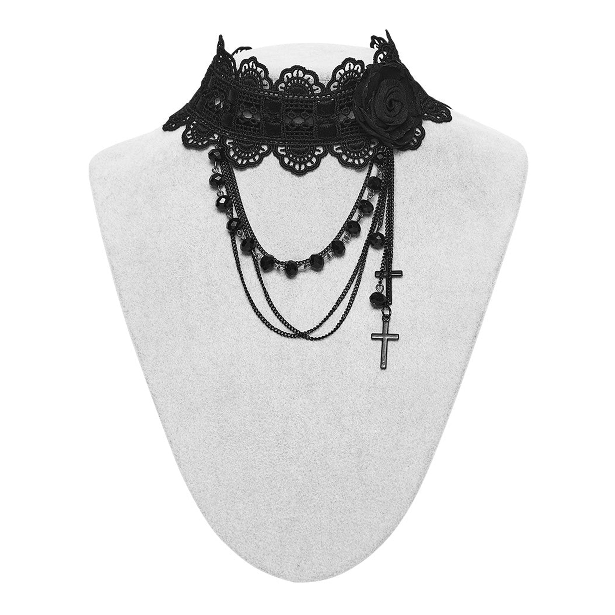 Polyester plastic lace accessories jewelry  necklace collar choker lace-choker adjustable lace-trim close-fitting adjustable neck neckline neck-line elastic rose rose-fascinator fascinator chain hanging-chains beads beaded faceted-beads cross cross-pendant ornate exquisite haunting beautiful stylish fantasy mystical mystery sophisticated comfortable delicate luxury luxurious soft fashion alt-fashion goth gothic victorian victorian-inspired costume cosplay halloween spooky black