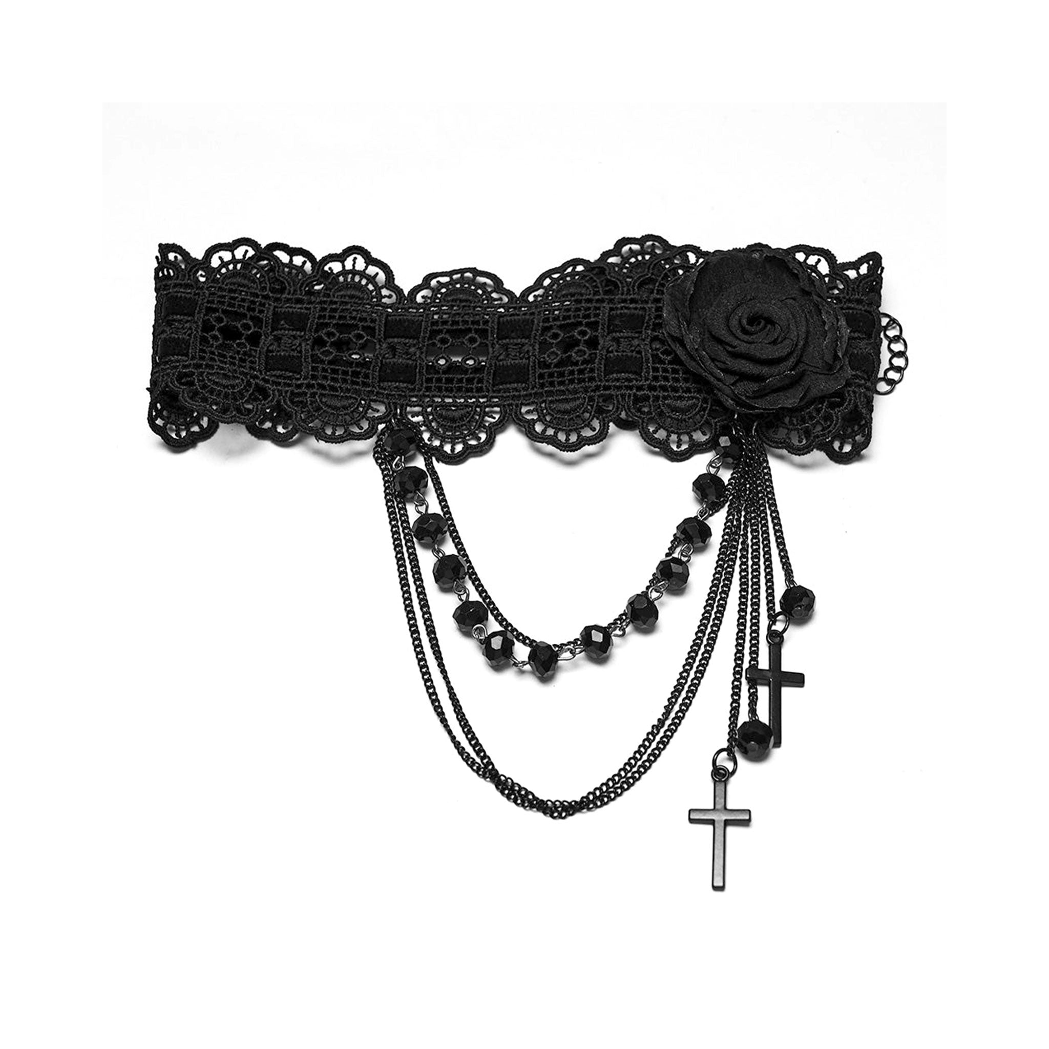 Polyester plastic lace accessories jewelry  necklace collar choker lace-choker adjustable lace-trim close-fitting adjustable neck neckline neck-line elastic rose rose-fascinator fascinator chain hanging-chains beads beaded faceted-beads cross cross-pendant ornate exquisite haunting beautiful stylish fantasy mystical mystery sophisticated comfortable delicate luxury luxurious soft fashion alt-fashion goth gothic victorian victorian-inspired costume cosplay halloween spooky black