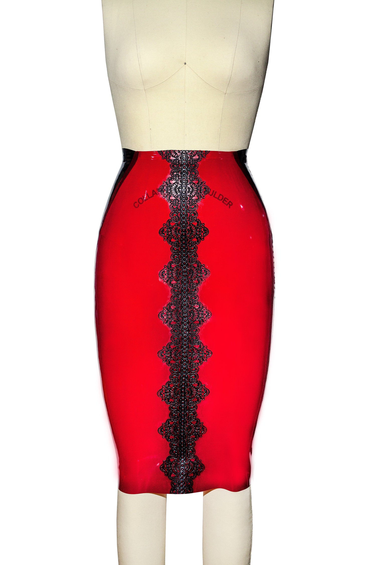 Latex Lace Trim Pencil Skirt Red & Black S