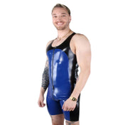 Latex bodysuit body-suit playsuit singlet onesie wrestling wrestler jock sports-jock form-fitting sleek two-tone contrasting contrast fetish fashion male masculine masc mens guys dudes gay black blue