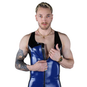 Latex bodysuit body-suit playsuit singlet onesie wrestling wrestler jock sports-jock form-fitting sleek two-tone contrasting contrast fetish fashion male masculine masc mens guys dudes gay black blue