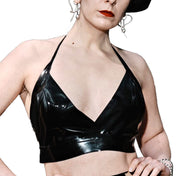 Latex rubber top croptop crop-top crop halter halterneck pleated bust tie-back tieback pin-up pinup retro style shiny party female femme feminine womens fetish fashion black