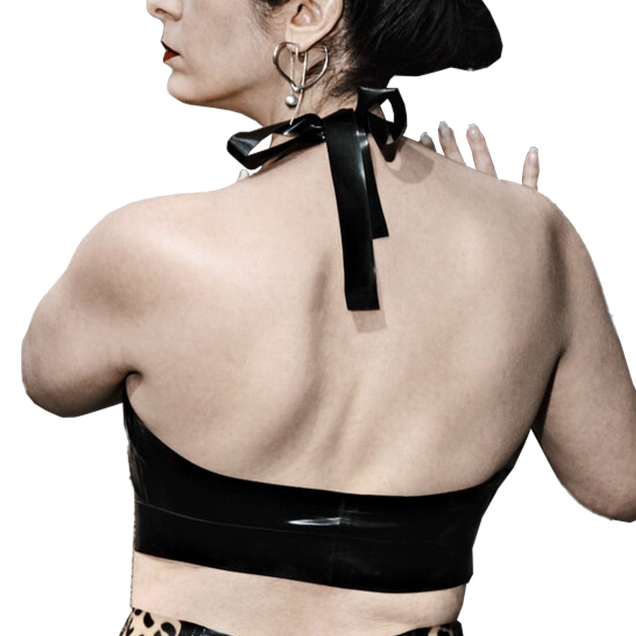 Latex rubber top croptop crop-top crop halter halterneck pleated bust tie-back tieback pin-up pinup retro style shiny party female femme feminine womens fetish fashion black