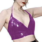 Latex rubber top croptop crop-top crop halter halterneck pleated bust tie-back tieback pin-up pinup retro style shiny party female femme feminine womens fetish fashion purple