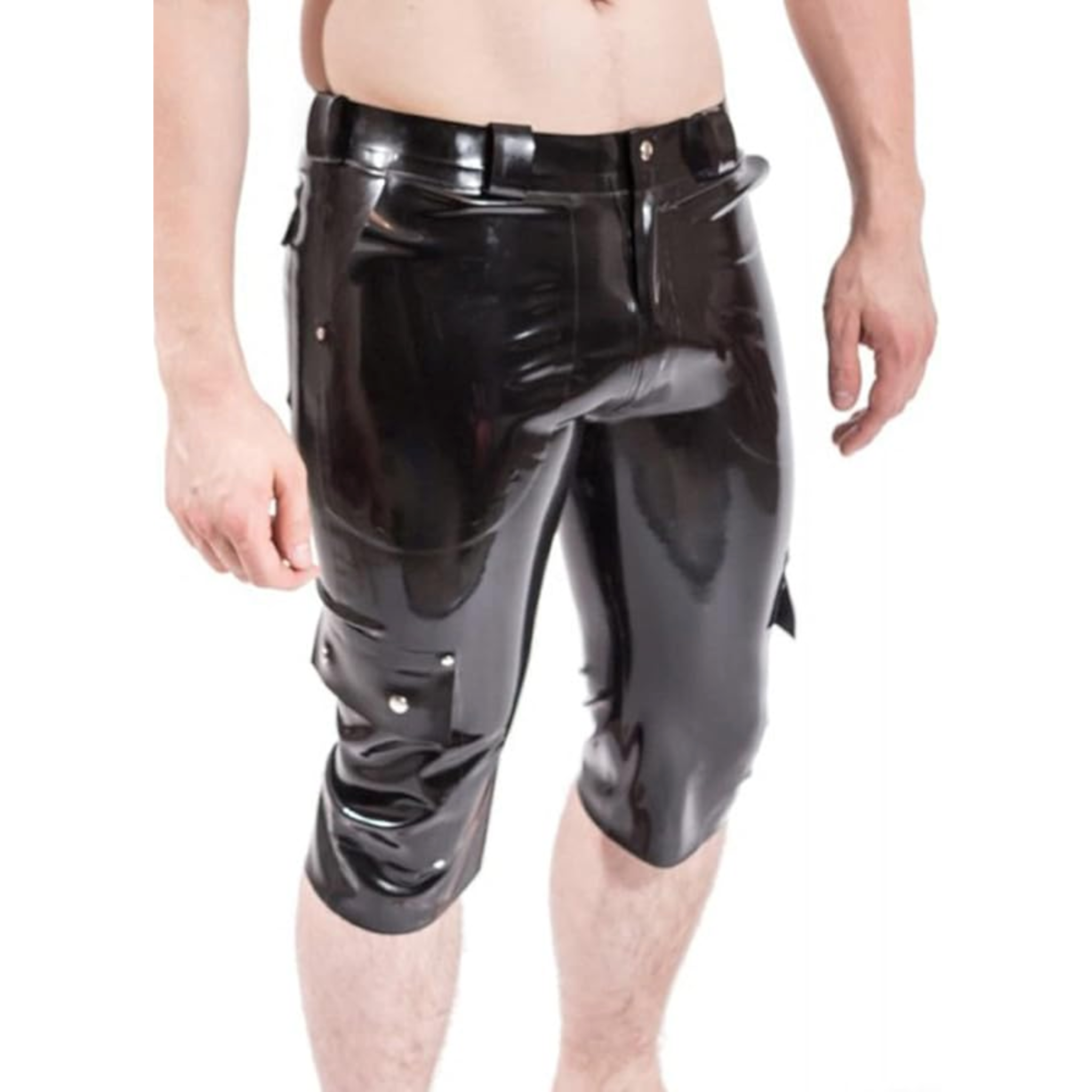 Latex board shorts, knee-length, multiple pockets, sleek zip fly, bold fetishwear.