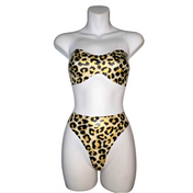 Latex leopard bandeau and thong set handmade in NYC, glossy latex lingerie with leopard print accents, curve-hugging black latex bandeau top with matching thong, edgy fetish lingerie set for alternative fashion and bold bedroom looks