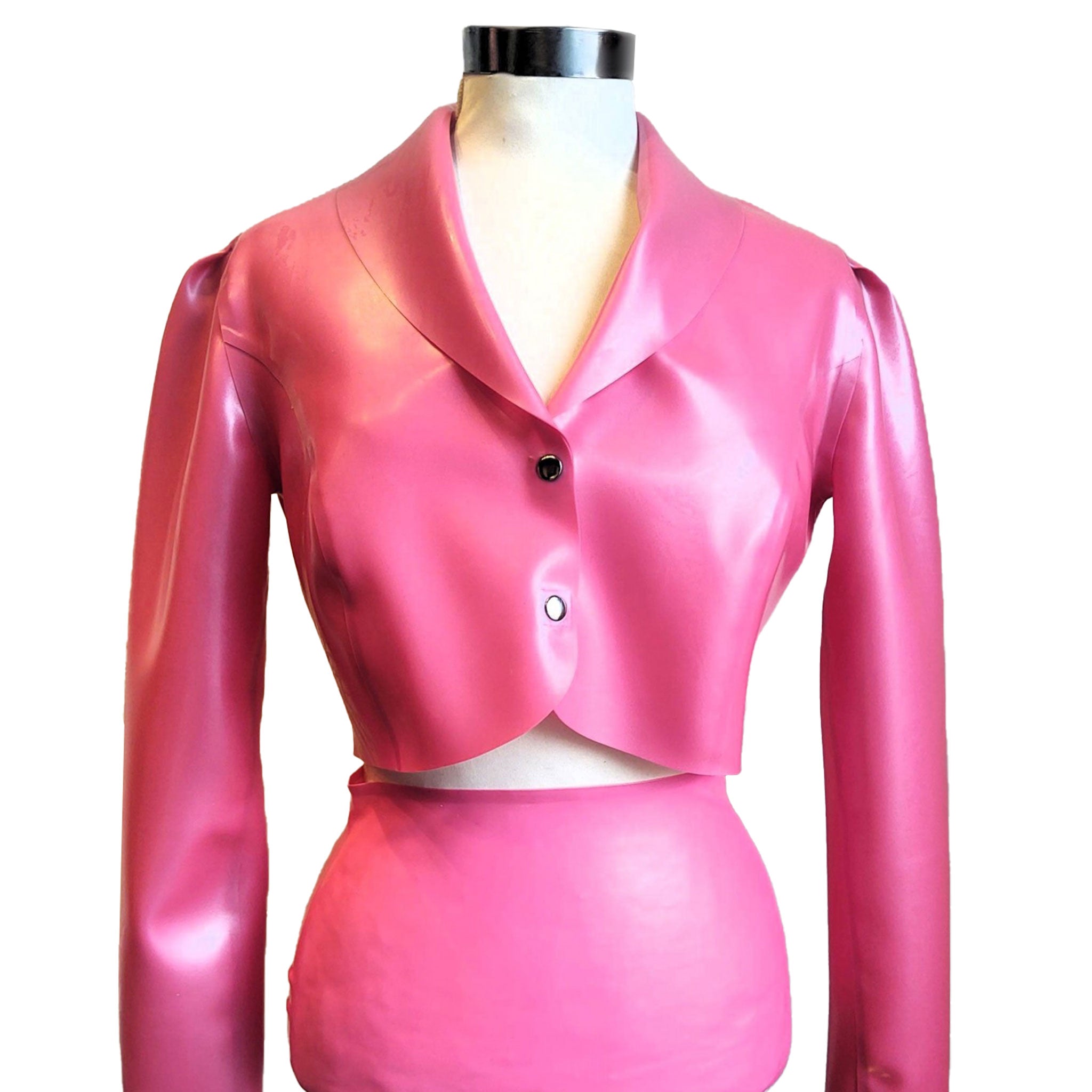 Latex rubber top jacket long sleeve sleeved long-sleeve long-sleeved snap-button press-button snap press button thick bolero doorbitch door-bitch door bitch proof fetish fashion guerilla barbie pink metallic-pink