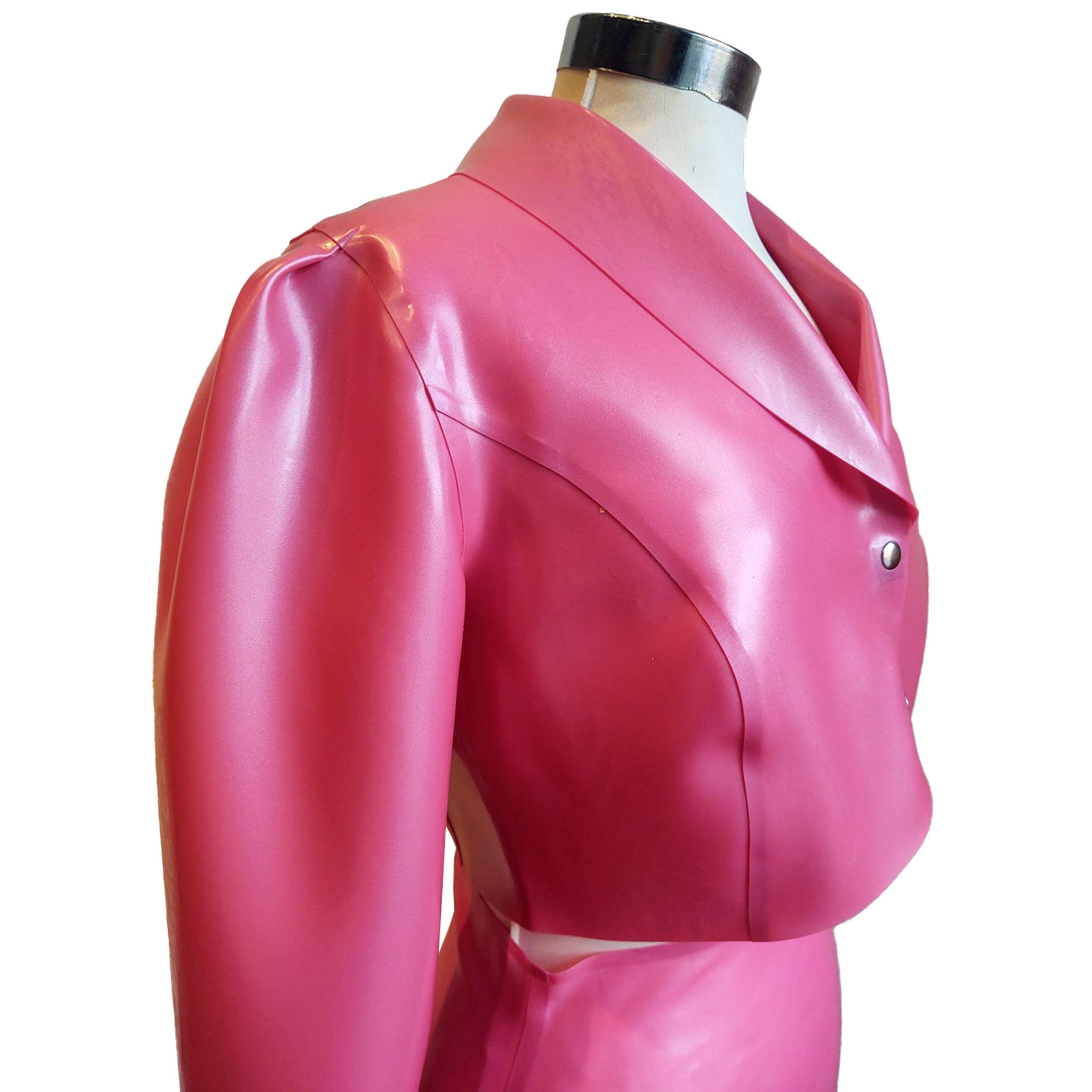 Latex rubber top jacket long sleeve sleeved long-sleeve long-sleeved snap-button press-button snap press button thick bolero doorbitch door-bitch door bitch proof fetish fashion guerilla barbie pink metallic-pink