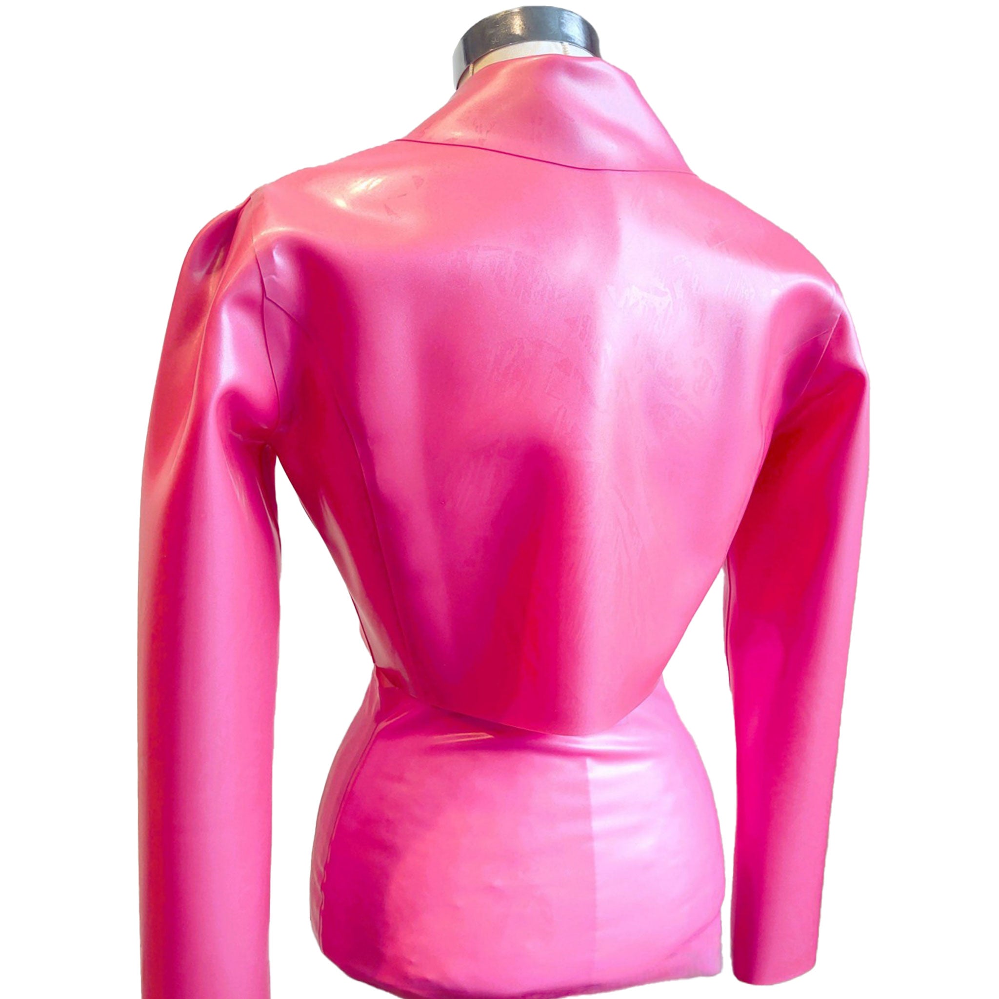 Latex rubber top jacket long sleeve sleeved long-sleeve long-sleeved snap-button press-button snap press button thick bolero doorbitch door-bitch door bitch proof fetish fashion guerilla barbie pink metallic-pink
