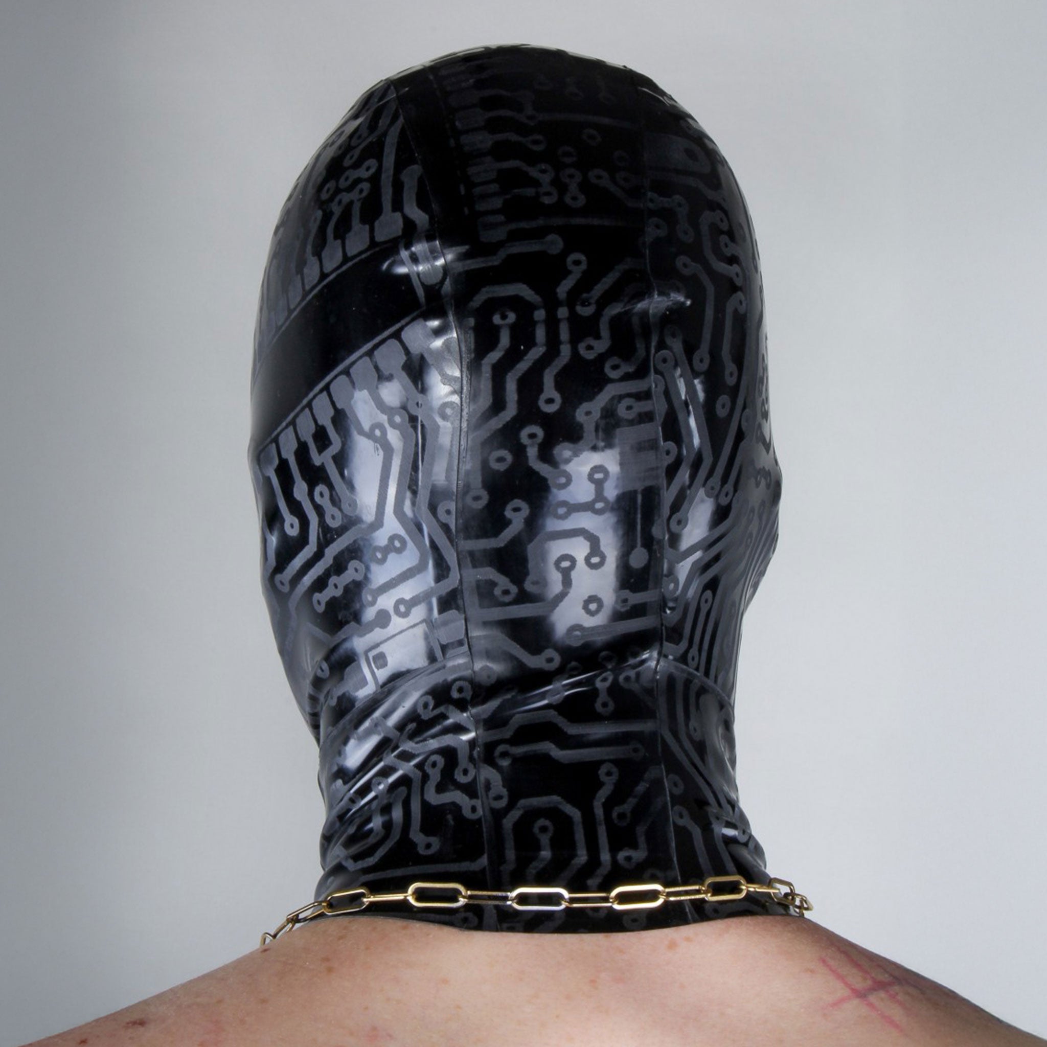Latex hood perforated micro anonymous dehumanizing dehumanization faceless face less etched circuit pattern bdsm bondage kinky pull-on pull over pullover black