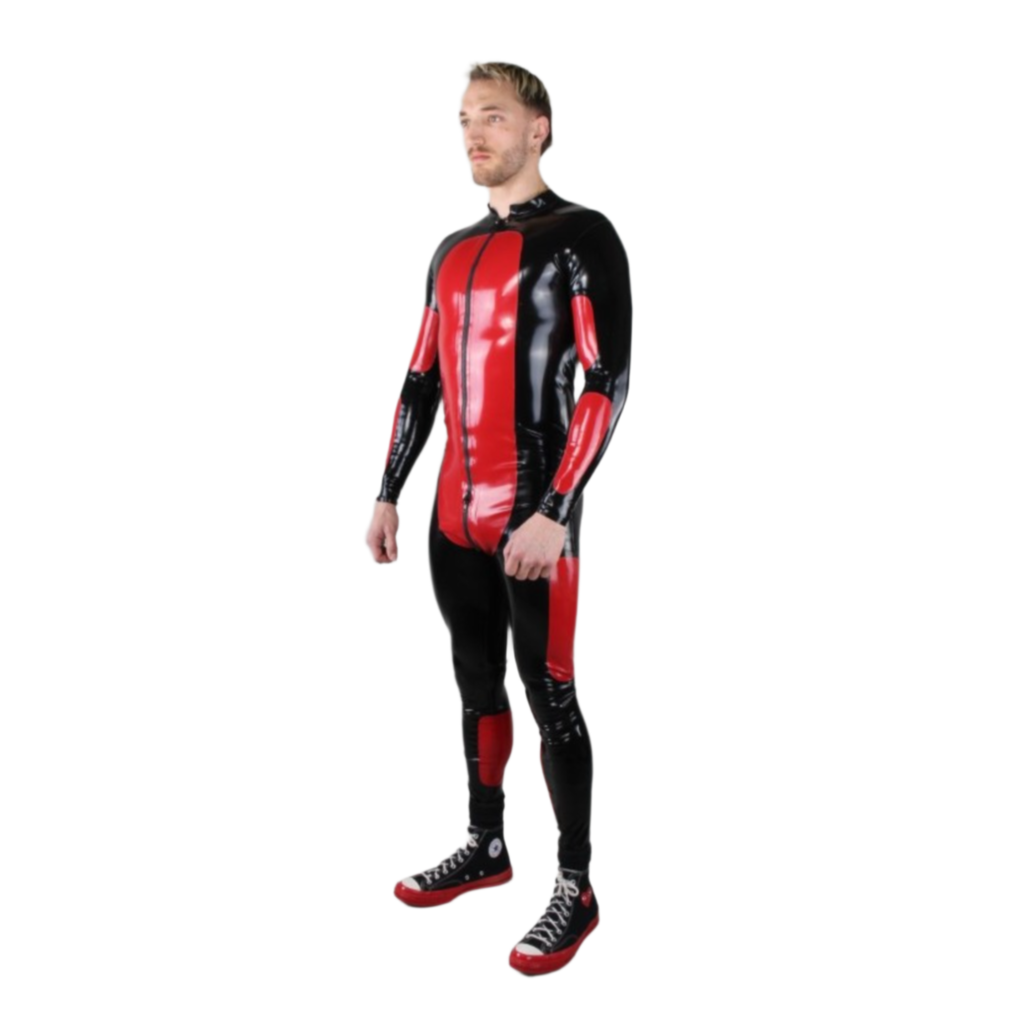 Latex suit catsuit morpheus long-sleeve contrast panels front full-length double zipper zip black red