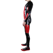 Latex suit catsuit morpheus long-sleeve contrast panels front full-length double zipper zip black red