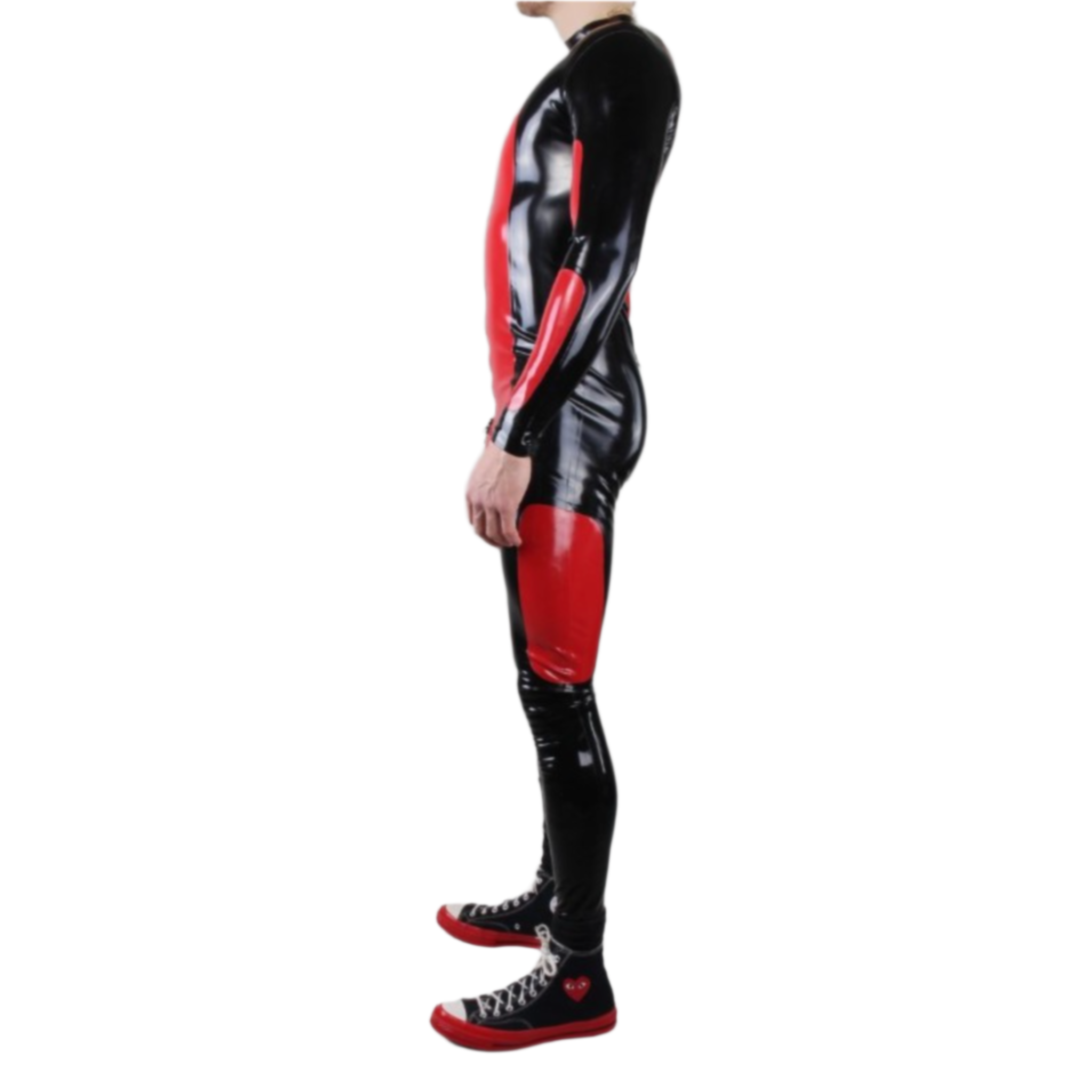 Latex suit catsuit morpheus long-sleeve contrast panels front full-length double zipper zip black red