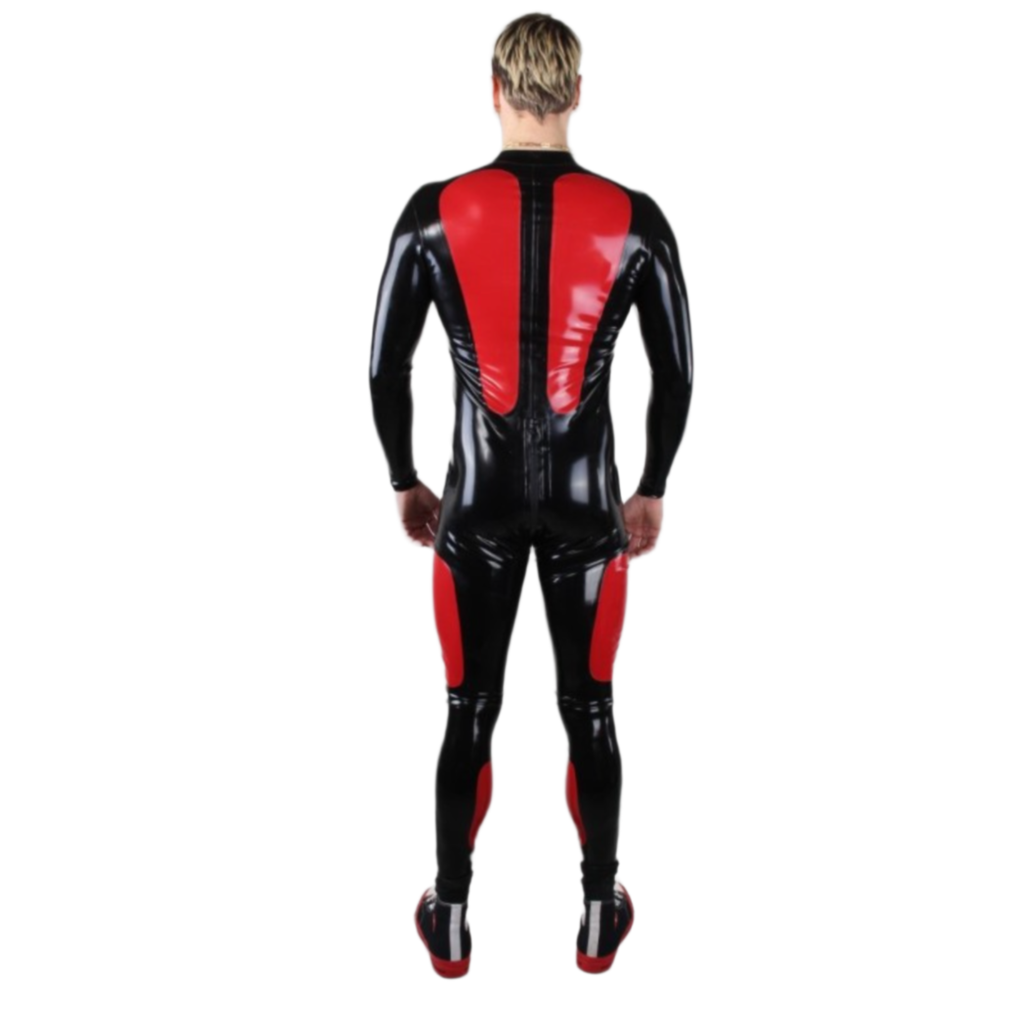 Latex suit catsuit morpheus long-sleeve contrast panels front full-length double zipper zip black red