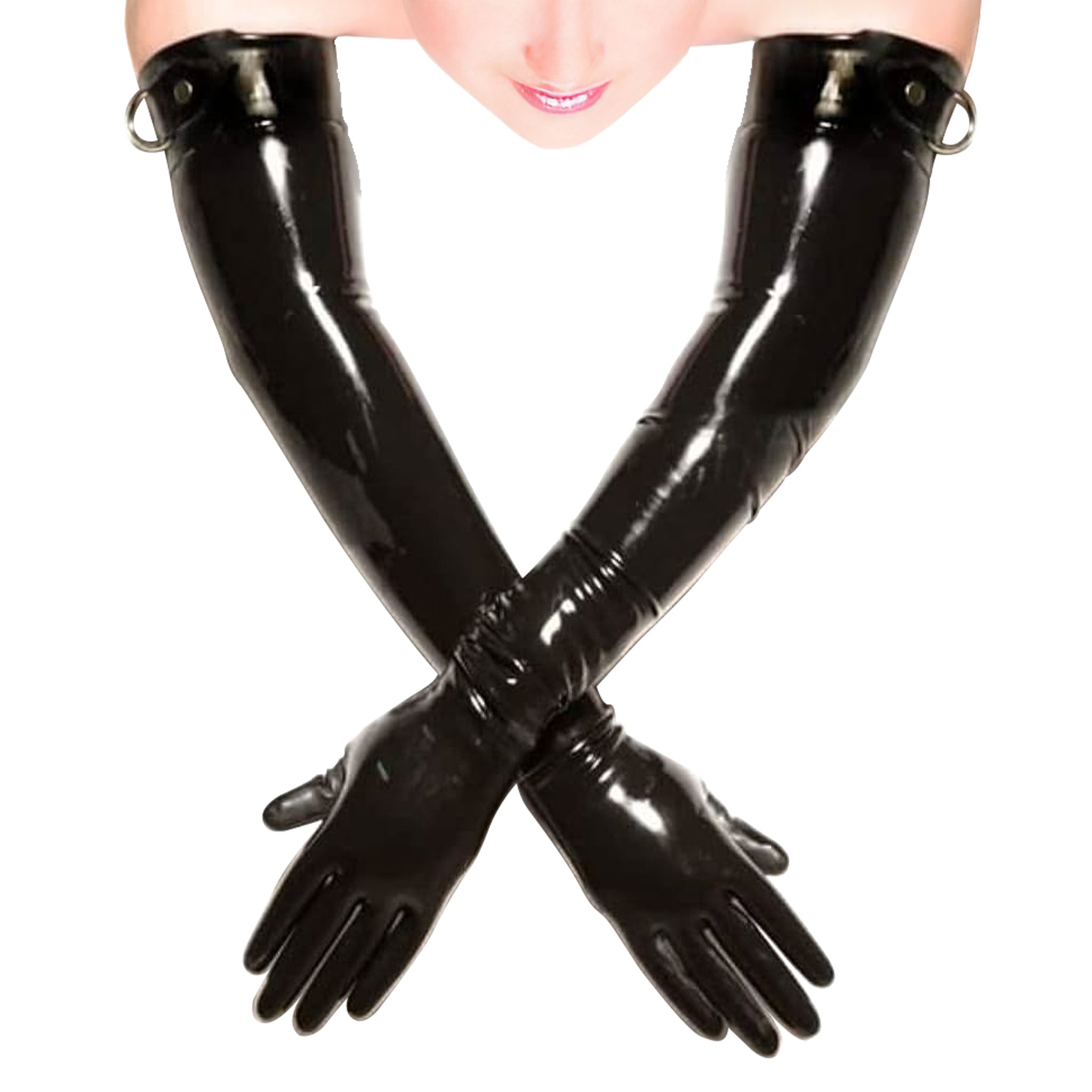 Latex molded moulded glued gloves shoulder-length opera-length opera long D-ring bondage bdsm-gear restraints fetish fashion alt-fashion accessories black