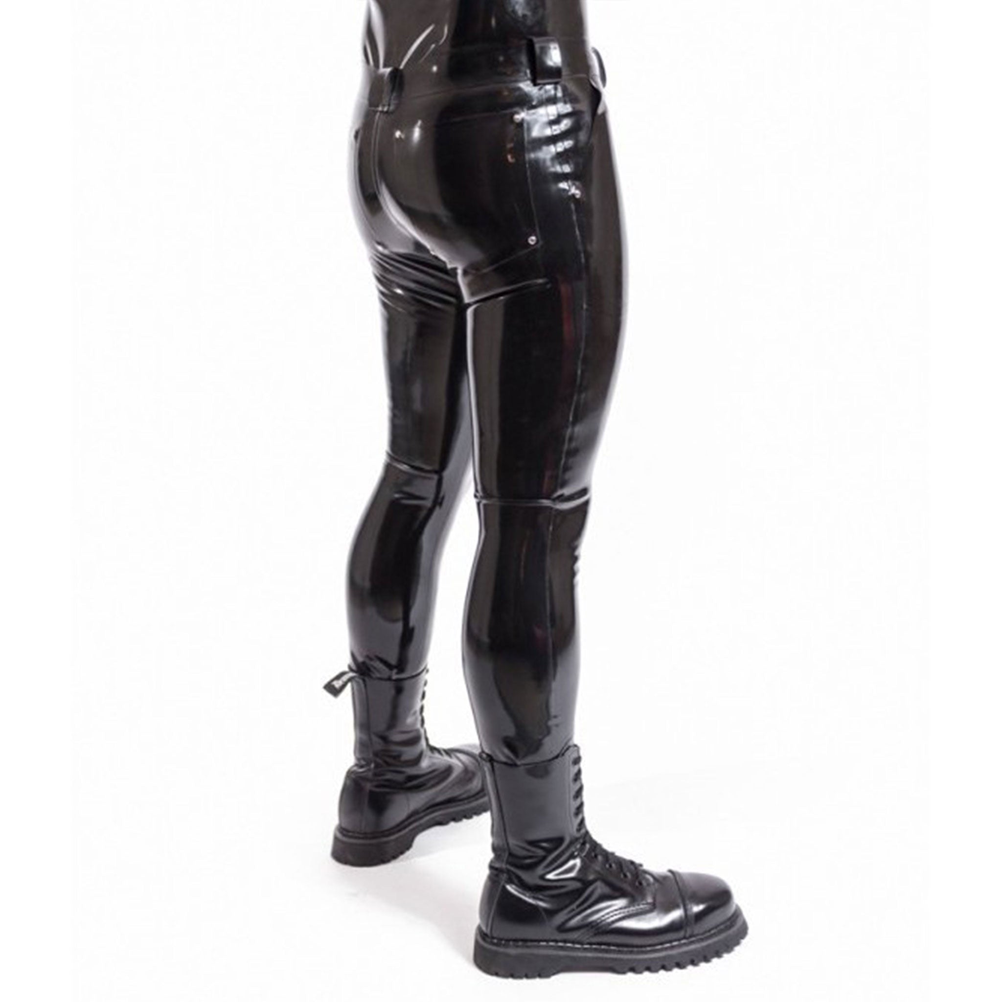 Latex rubber bottoms long-pants long-jeans pants jeans skinny-jeans skinny-leg pockets back-pockets back-patches riveted close-sitting glued-seams basic fetish fashion alt-fashion kink kinky doorbitch-proof press-stud snap-button waistband-loops belt-loops front-zip crotch-zip zipper male masculine masc mens menswear guys dudes black