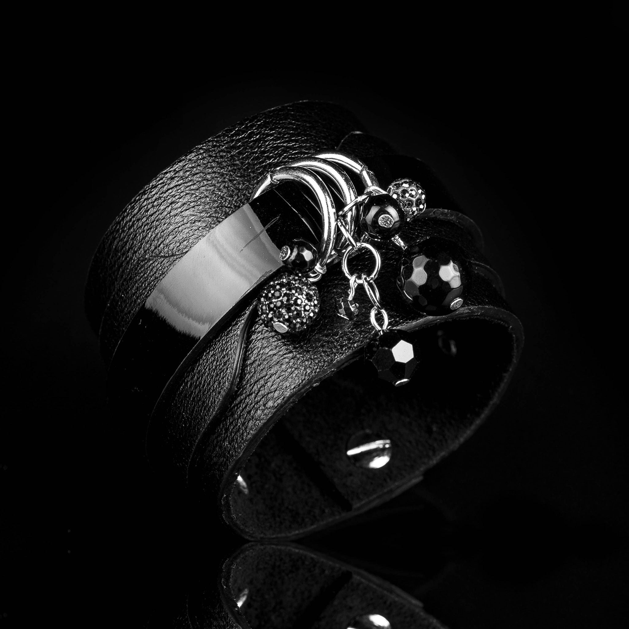 Leather premium layered wrist cuff bracelet D-ring dangling beads modern chic versatile fashion alt-fashion arm-gear accessories black