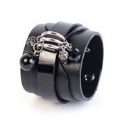 Leather premium layered wrist cuff bracelet D-ring dangling beads modern chic versatile fashion alt-fashion arm-gear accessories black