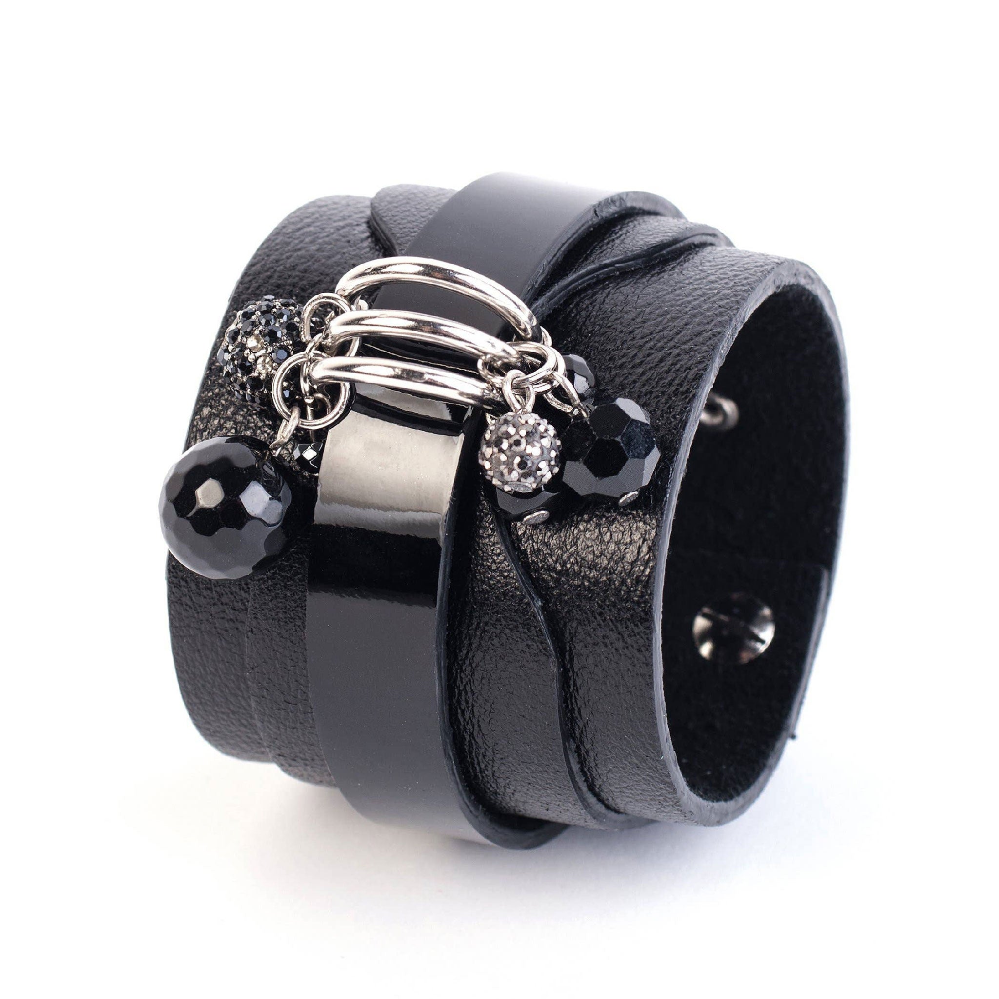 Leather premium layered wrist cuff bracelet D-ring dangling beads modern chic versatile fashion alt-fashion arm-gear accessories black