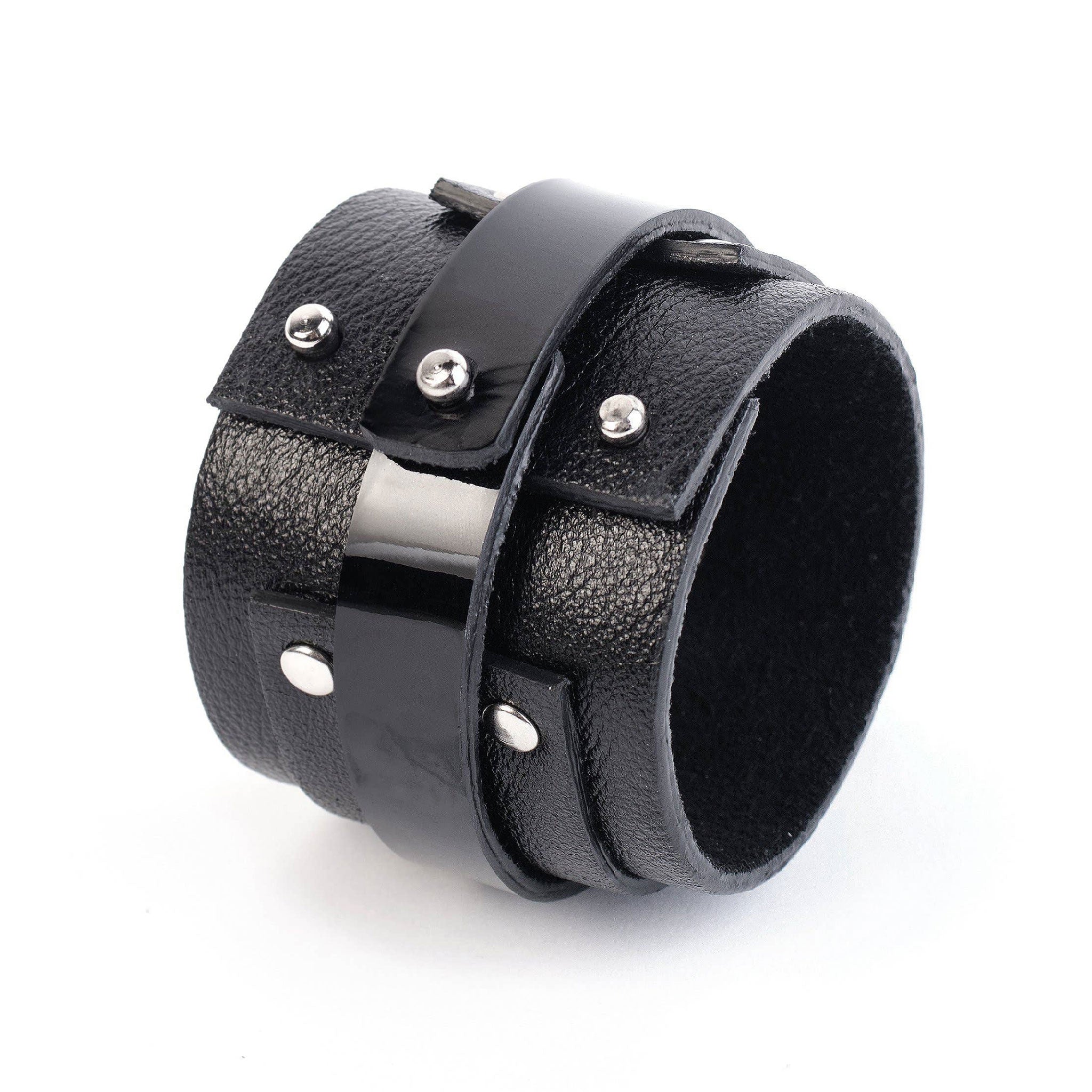 Leather premium layered wrist cuff bracelet D-ring dangling beads modern chic versatile fashion alt-fashion arm-gear accessories black