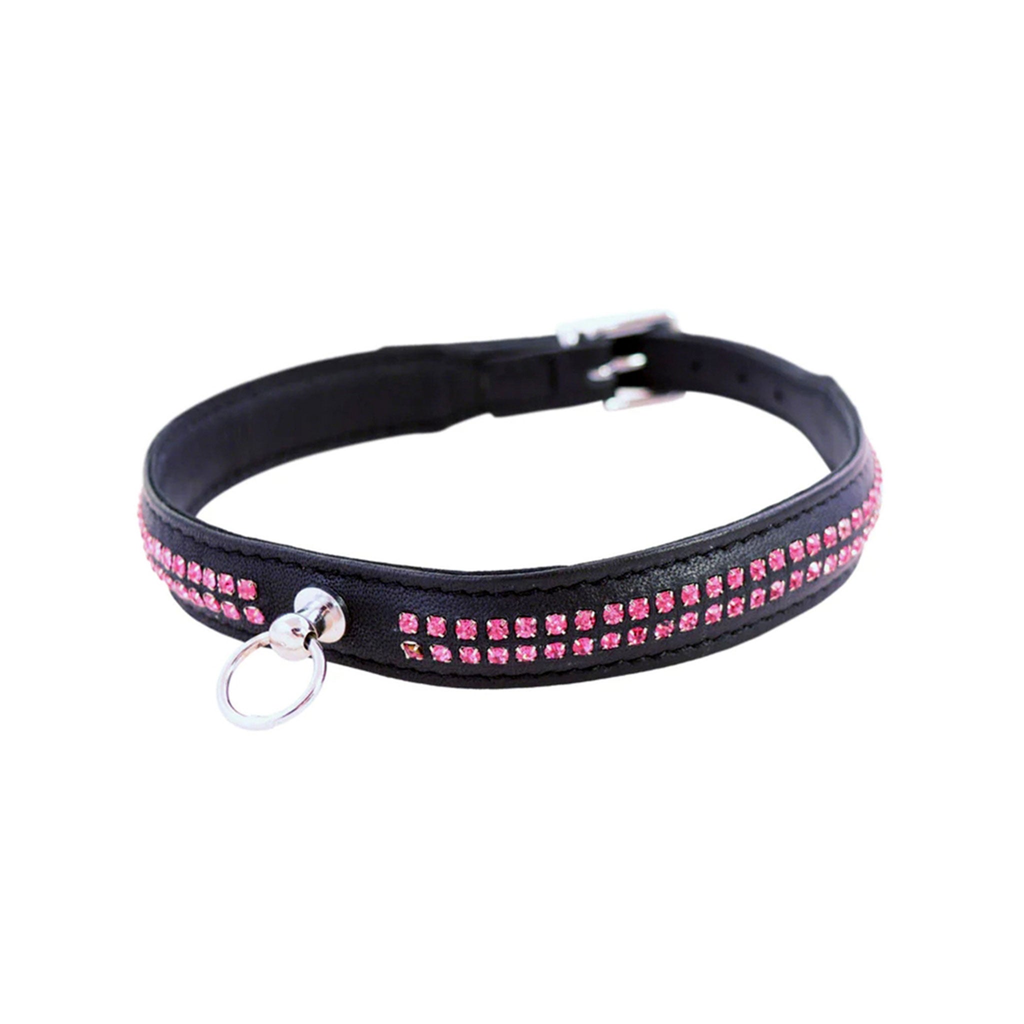 Leather genuine-leather real-leather high-quality rhinestones accessories collar bondage-collar day-collar choker O-ring ball-post adjustable buckle fetish fashion alt-fashion punk goth gothic kink kinky kinky-gear bdsm bondage slave sub submissive submission pet pet-play kitty kitten adult-toys black pink