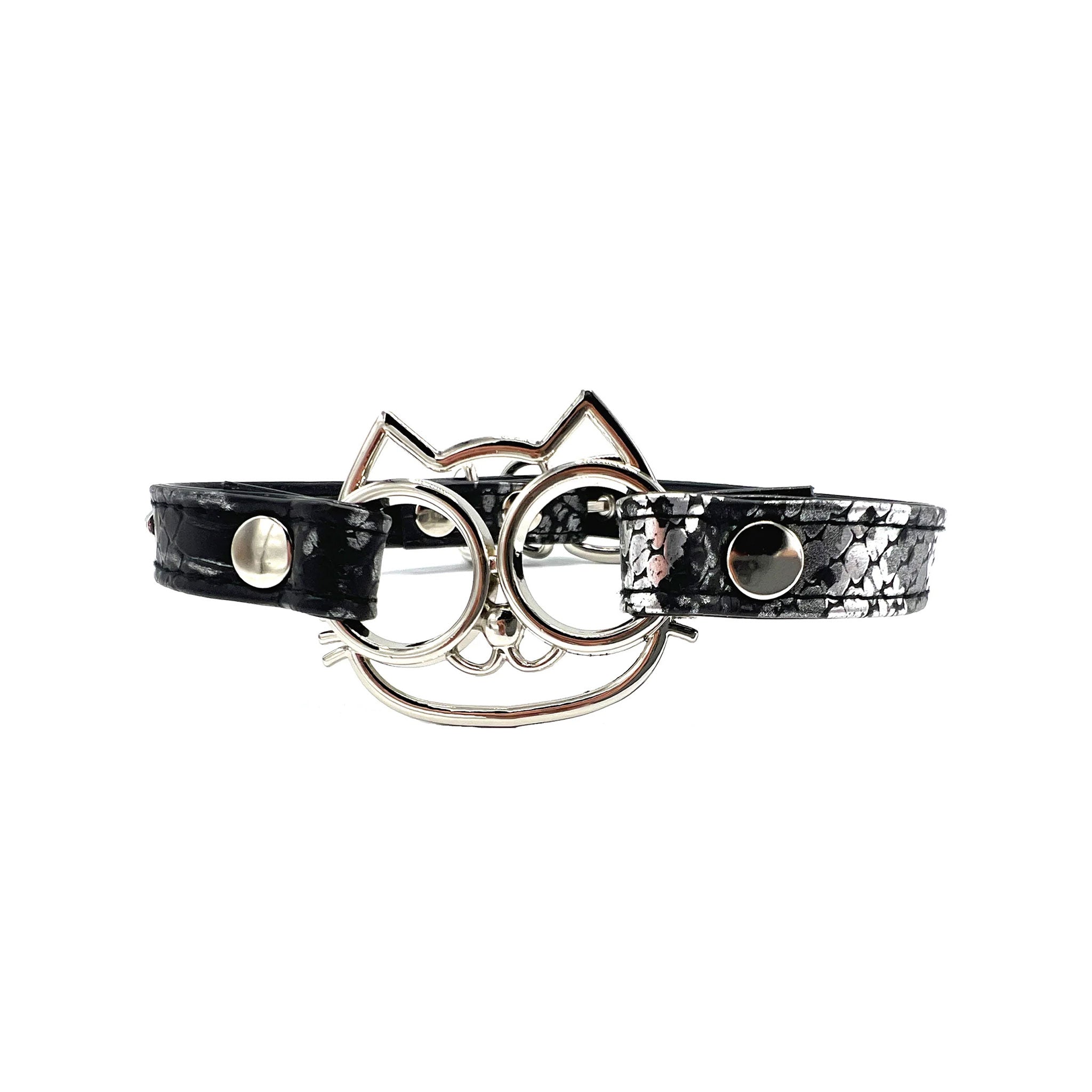 Lizard print choker, kitty O-ring collar, faux leather cat collar, adjustable pet play choker, silver-tone fetish collar.