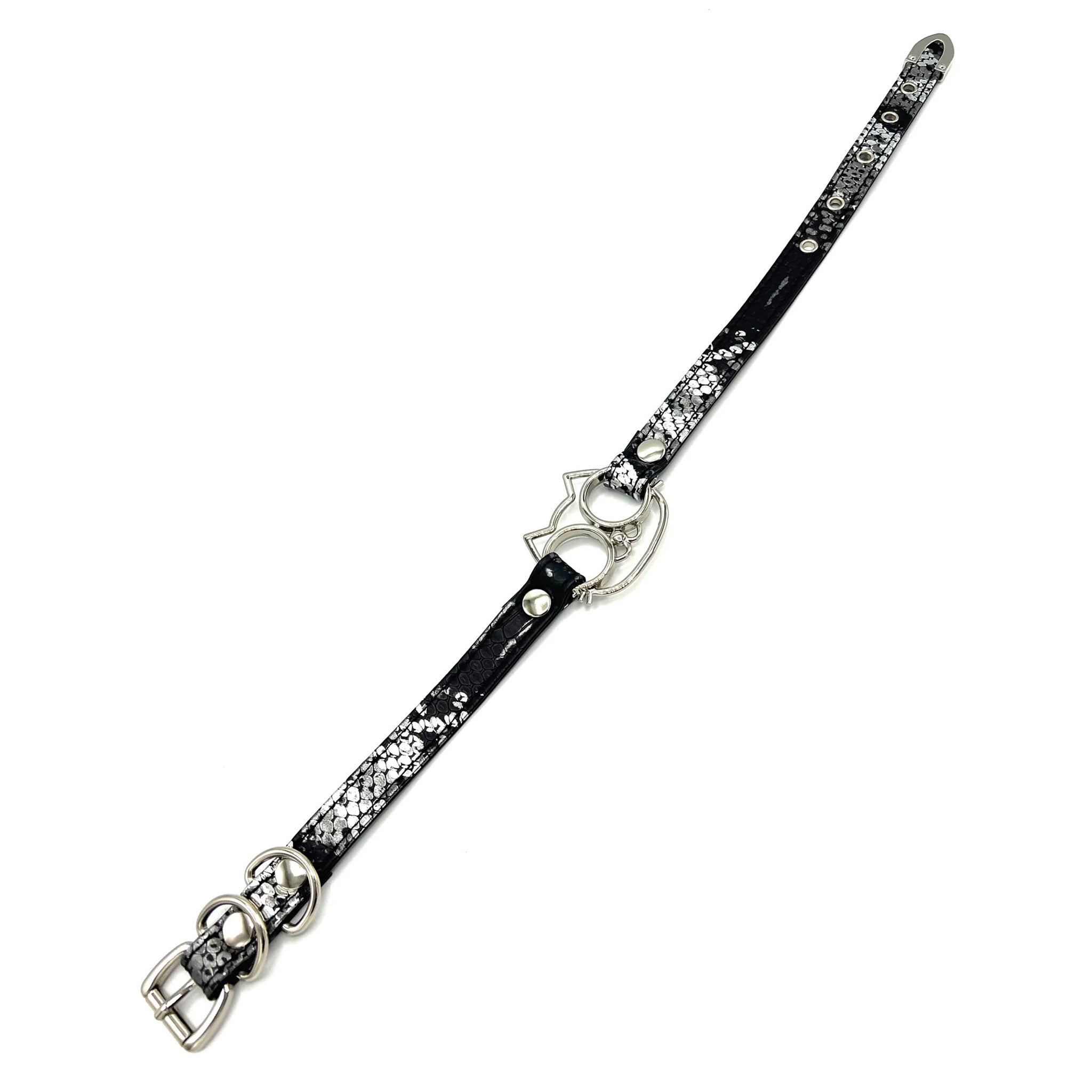 Lizard print choker, kitty O-ring collar, faux leather cat collar, adjustable pet play choker, silver-tone fetish collar.