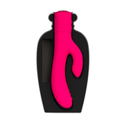 Pink rabbit vibrator, black bottle holder, discreet, waterproof, rechargeable, platinum silicone.