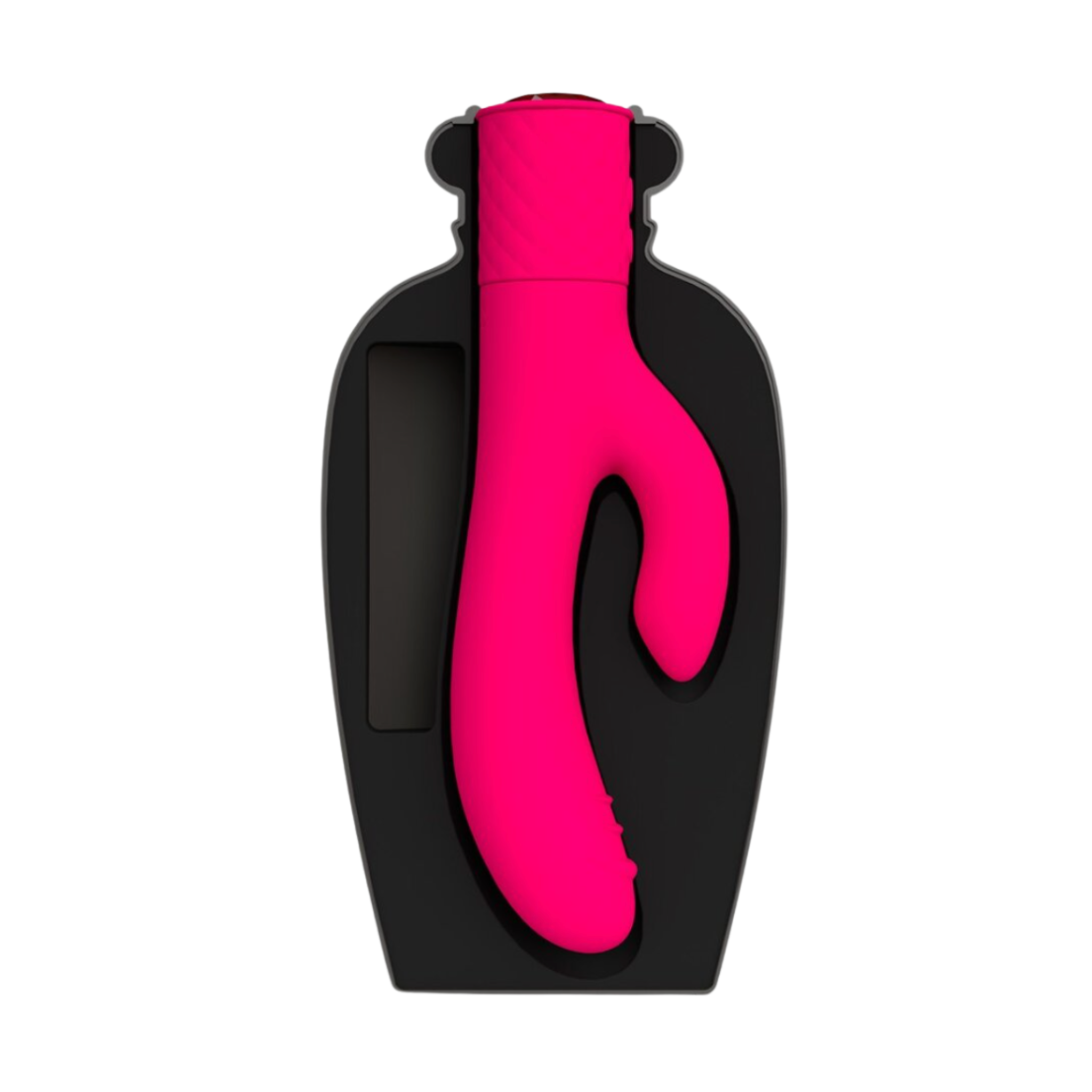Pink rabbit vibrator, black bottle holder, discreet, waterproof, rechargeable, platinum silicone.