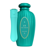 Vibrating bullet with teal bottle holder, platinum silicone, discreet, waterproof, rechargeable.