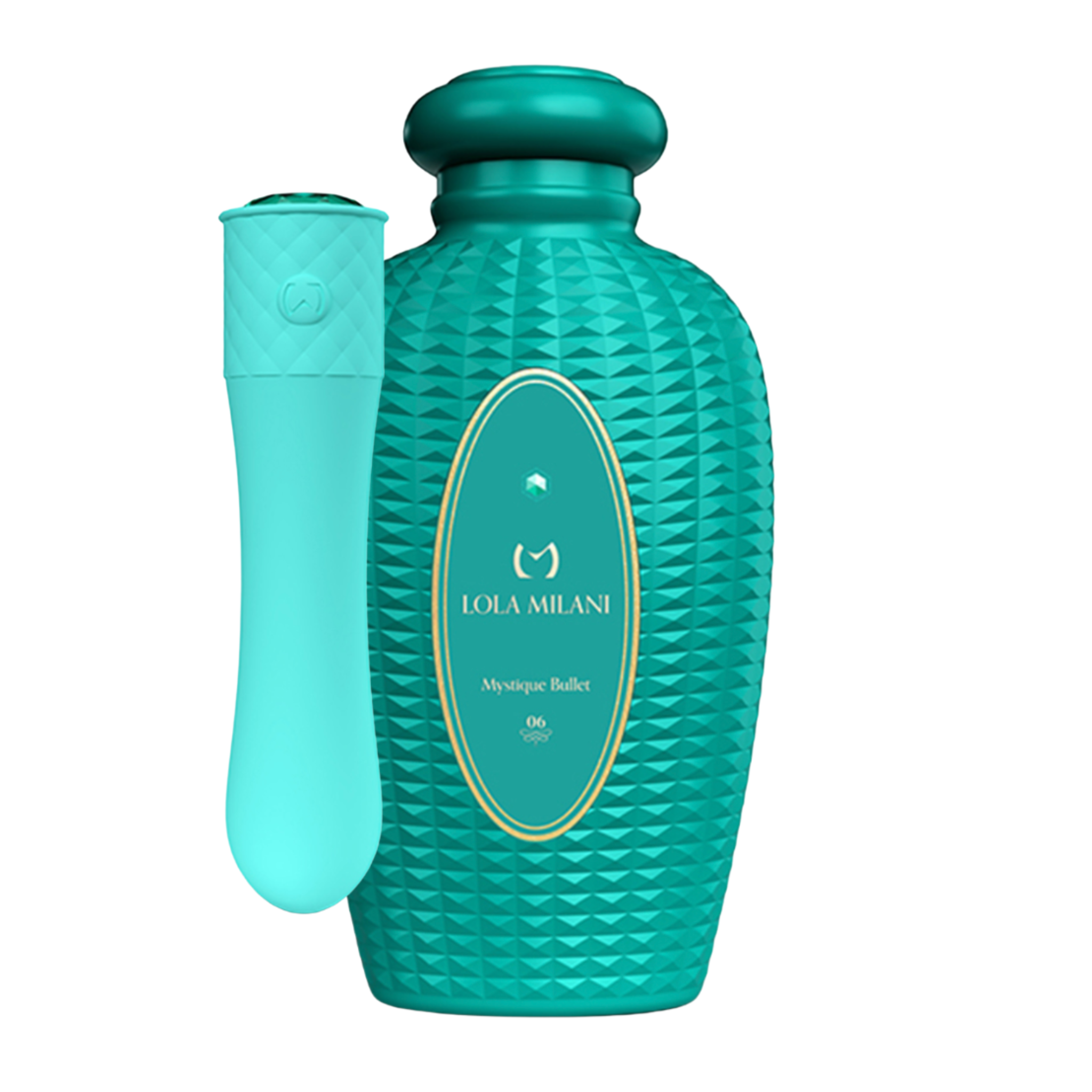 Vibrating bullet with teal bottle holder, platinum silicone, discreet, waterproof, rechargeable.