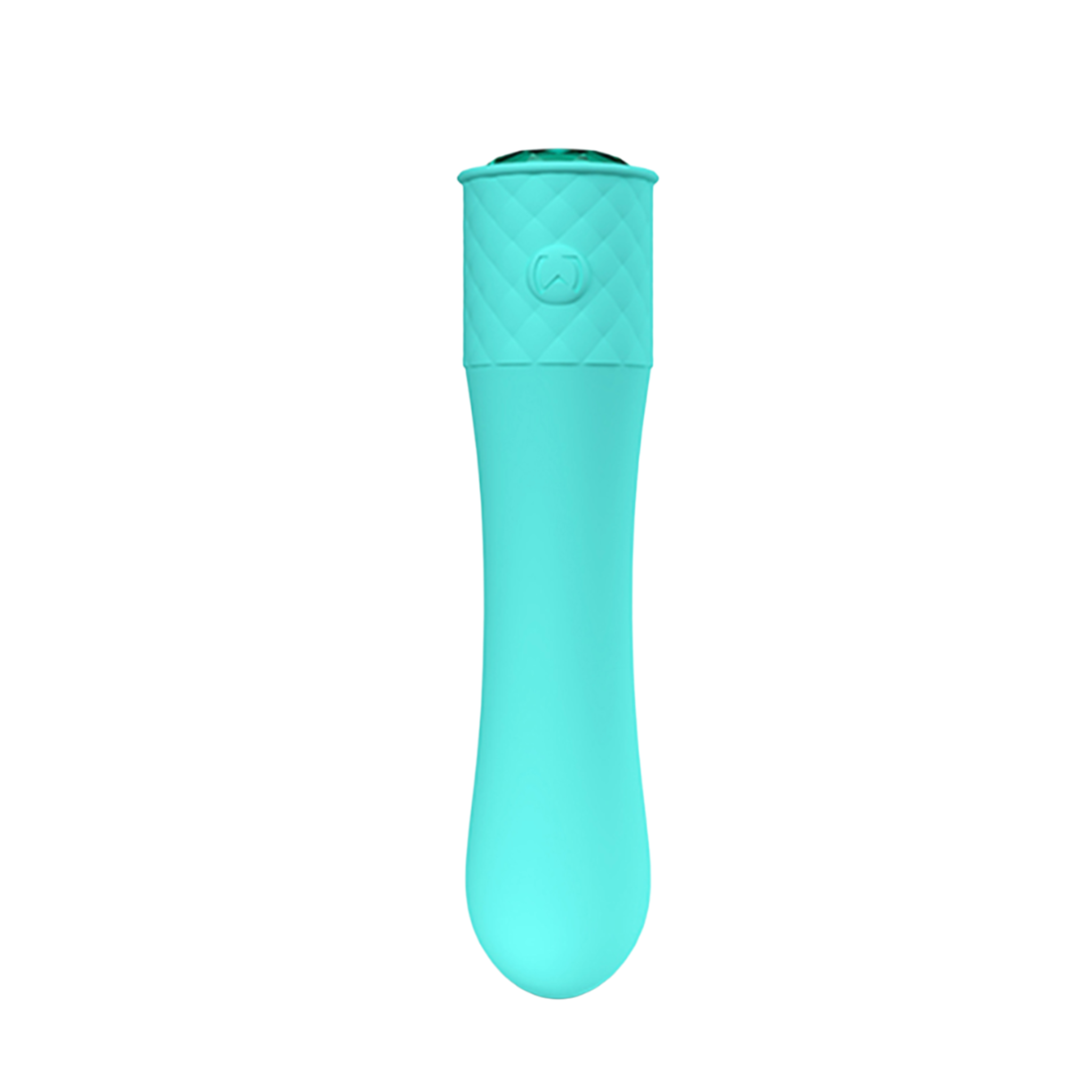 Vibrating bullet with teal bottle holder, platinum silicone, discreet, waterproof, rechargeable.