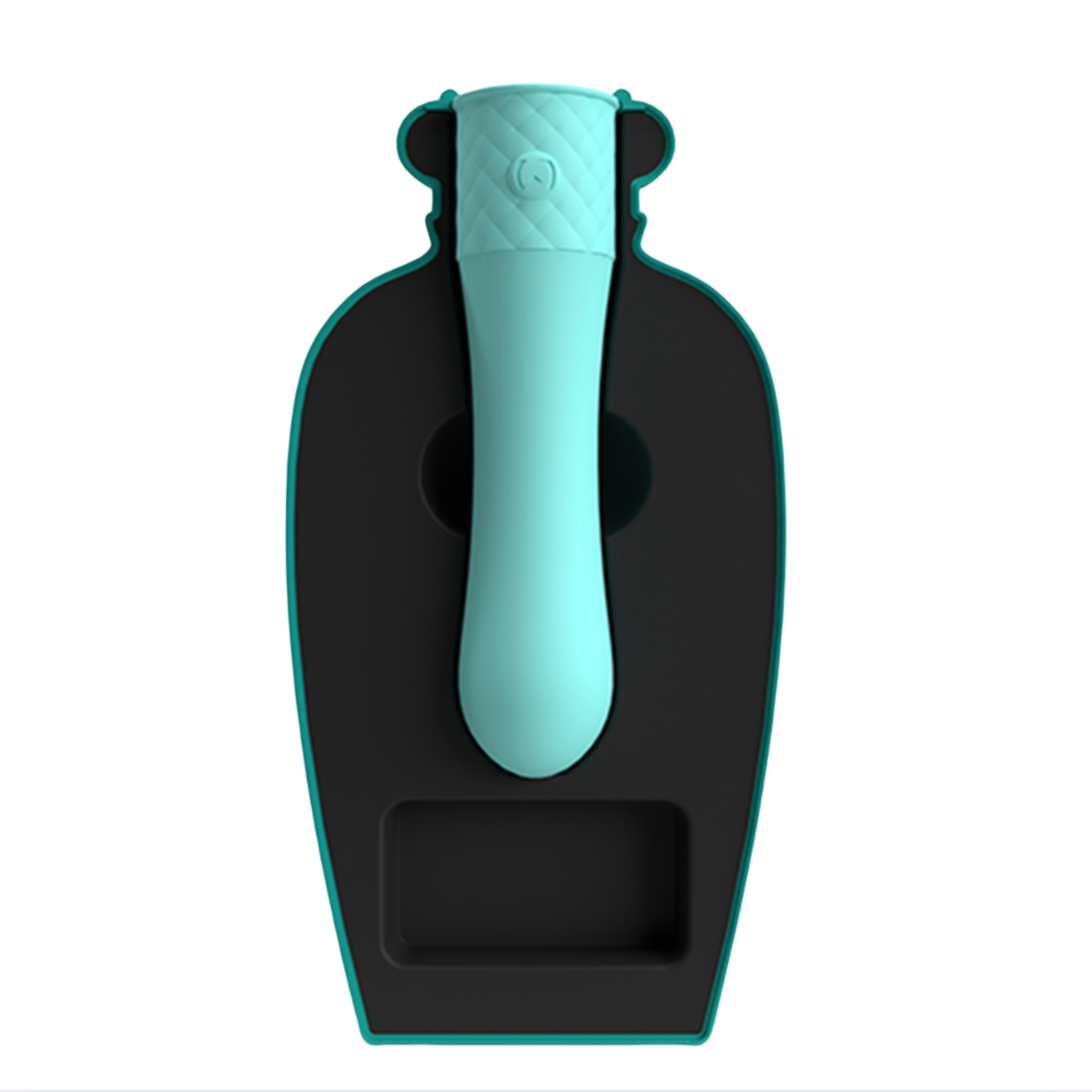 Vibrating bullet with teal bottle holder, platinum silicone, discreet, waterproof, rechargeable.