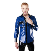 Long sleeve latex shirt, snap button closure, contrast accents, rubber dress shirt, premium fetishwear.