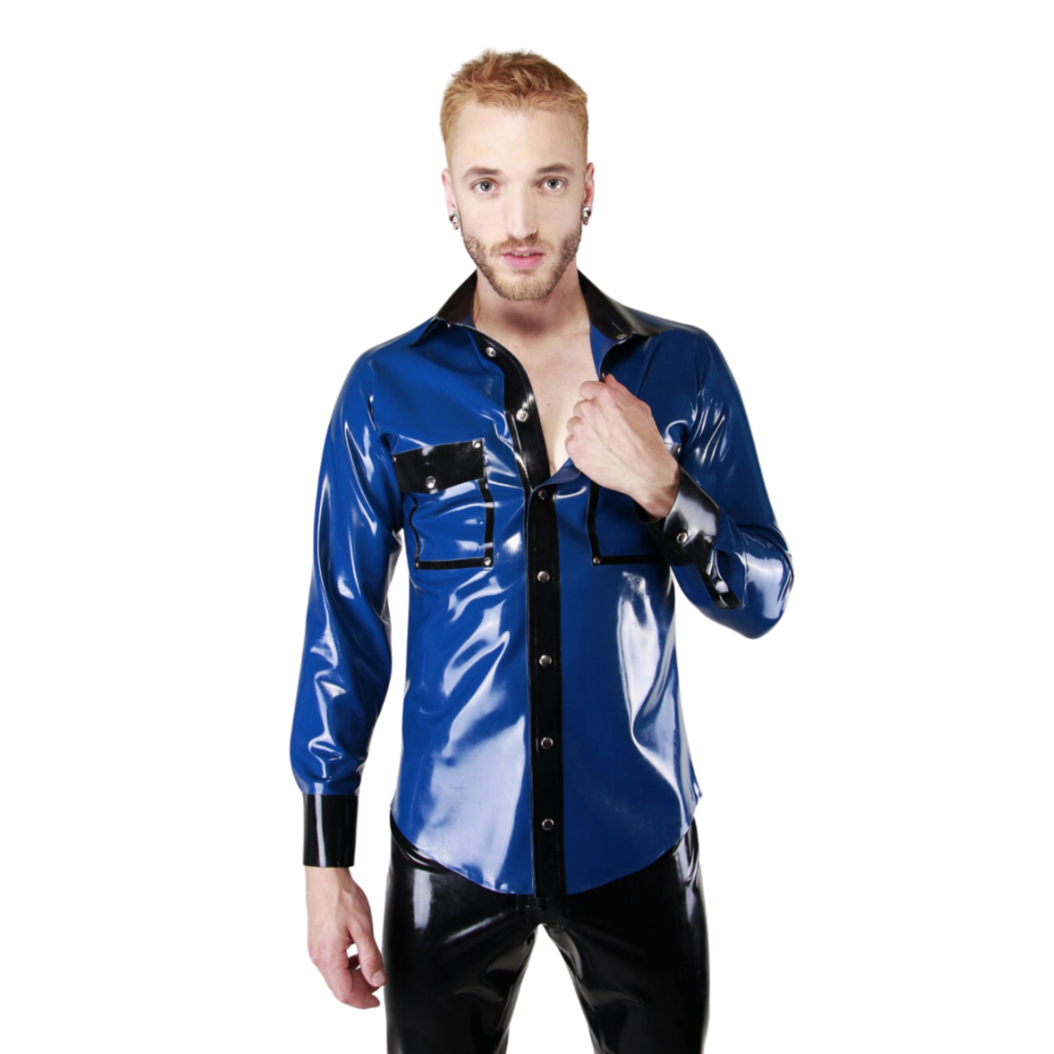 Long sleeve latex shirt, snap button closure, contrast accents, rubber dress shirt, premium fetishwear.