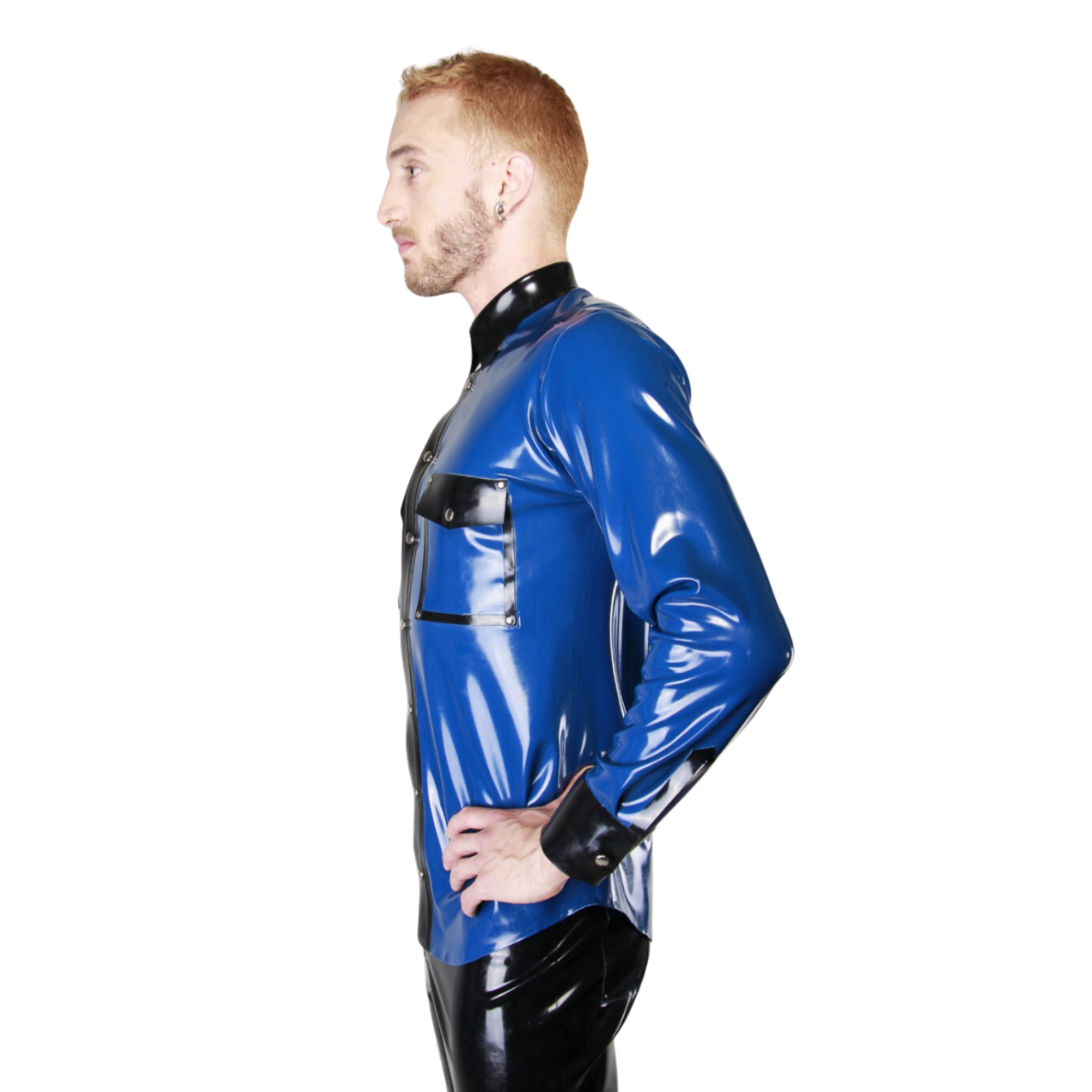 Long sleeve latex shirt, snap button closure, contrast accents, rubber dress shirt, premium fetishwear.