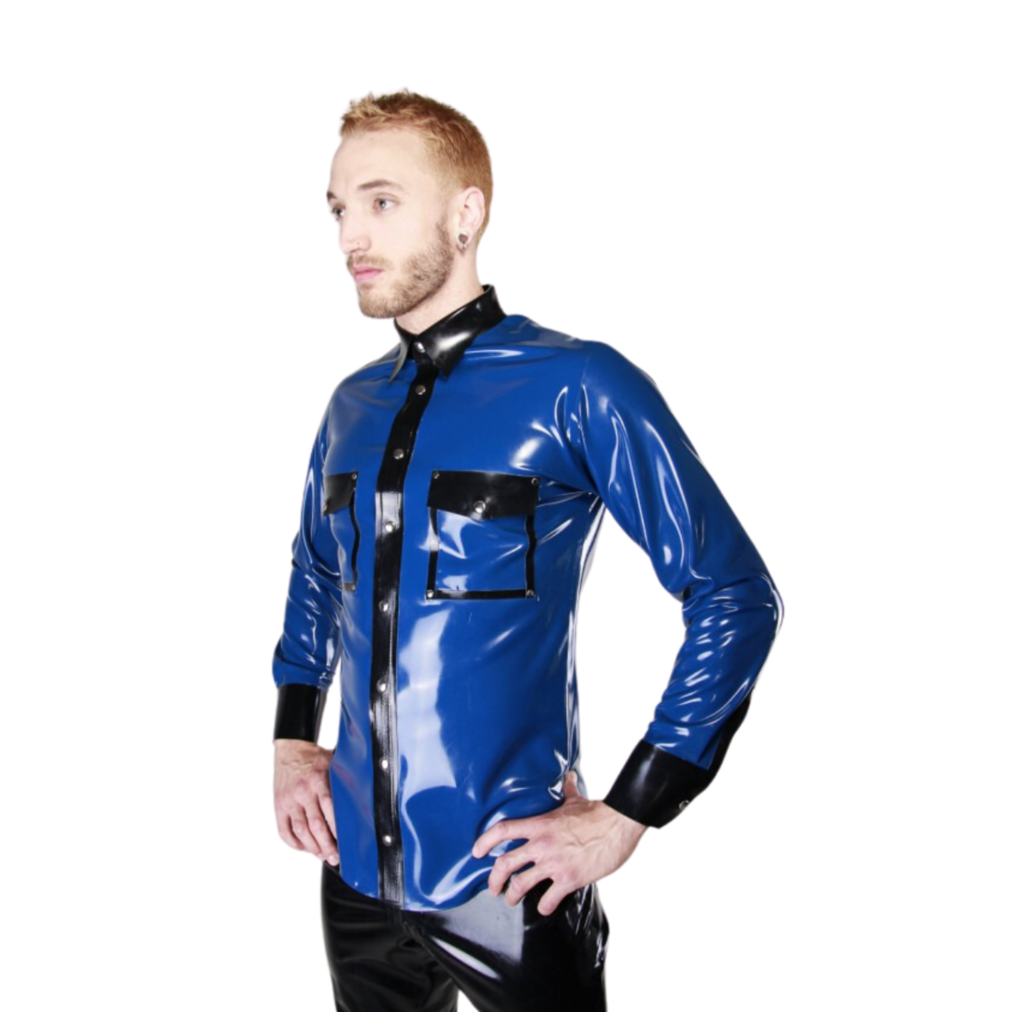Long sleeve latex shirt, snap button closure, contrast accents, rubber dress shirt, premium fetishwear.